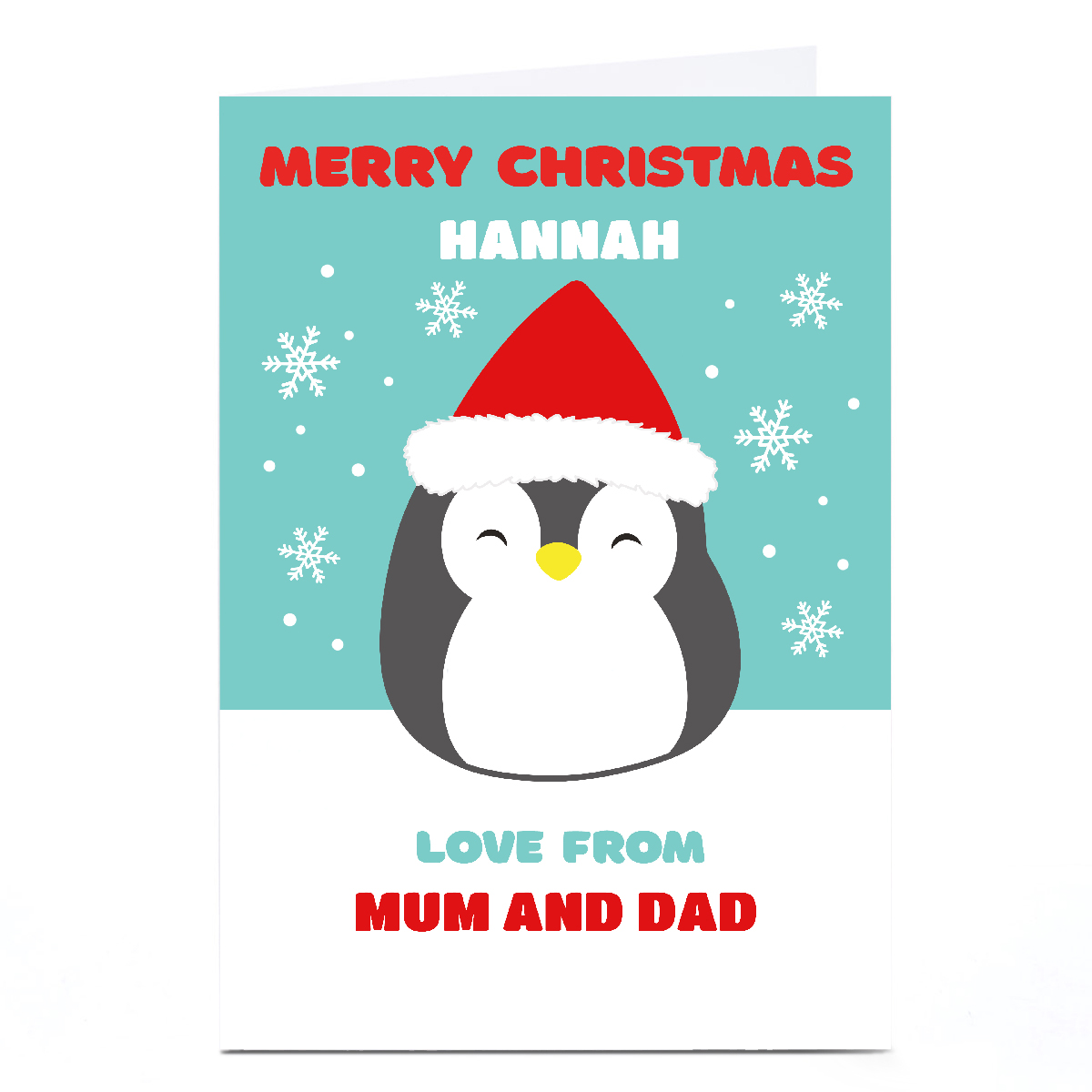 Personalised Squishmallows Christmas Card - Penguin and Snowflakes, Any Name