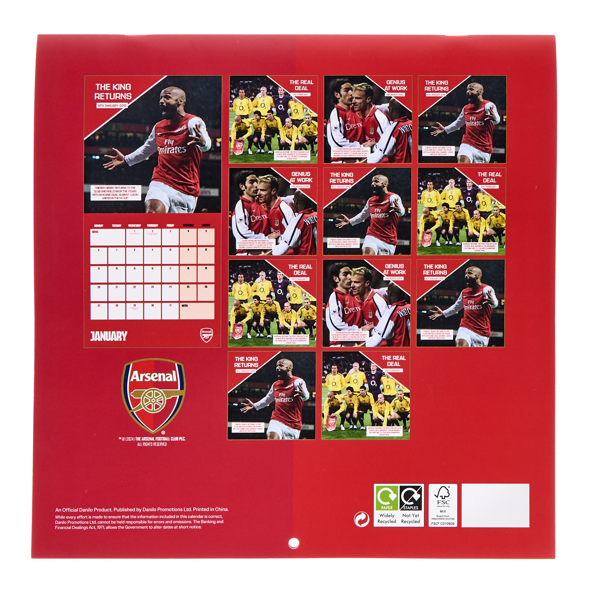 Arsenal Club Moments By Month 2025 Square Calendar