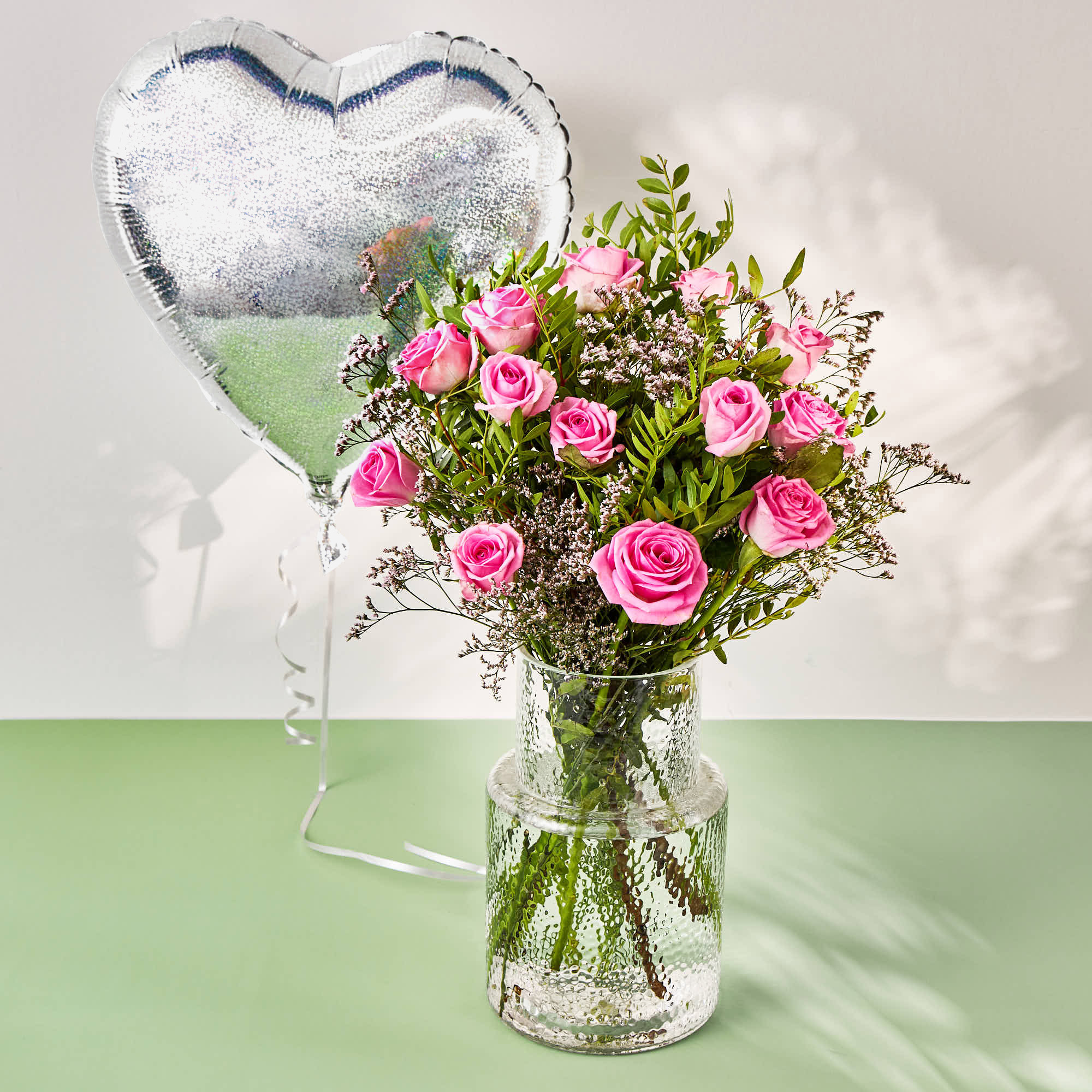 Silver Heart Balloon & Dozen Pink Roses Flower Bouquet