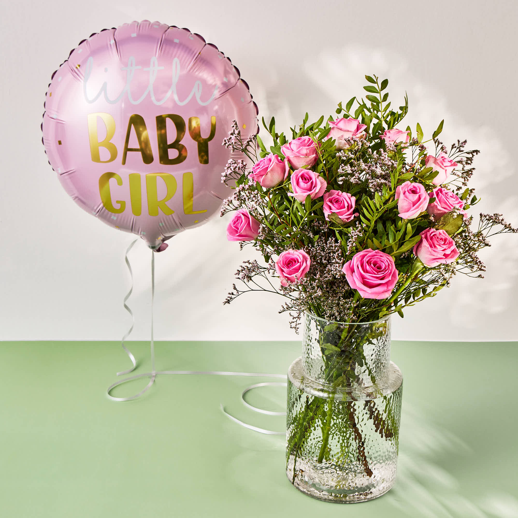 Baby Girl Balloon & Dozen Pink Roses Flower Bouquet