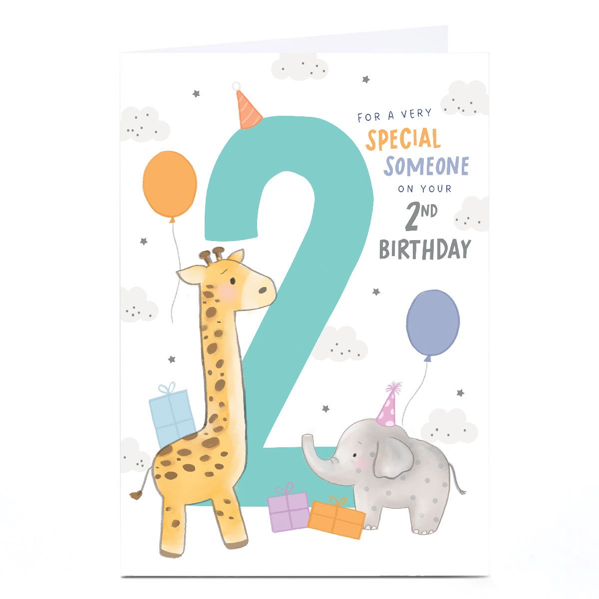 Personalised 2nd Birthday Card - Baby Elephant and Giraffe