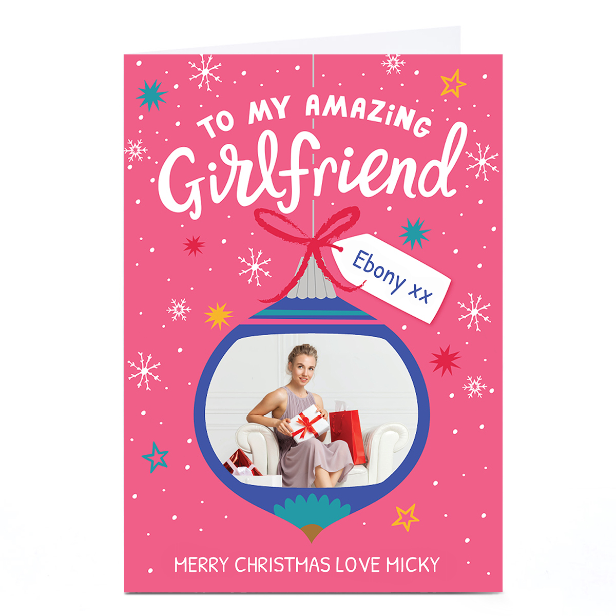 Photo Ebony Newton Christmas Card - Pink Bauble, Amazing Girlfriend