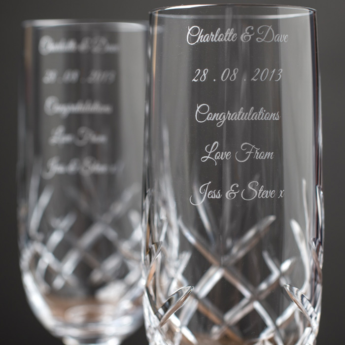 Engraved Cut Crystal Champagne Flutes With Laurent Perrier Champagne