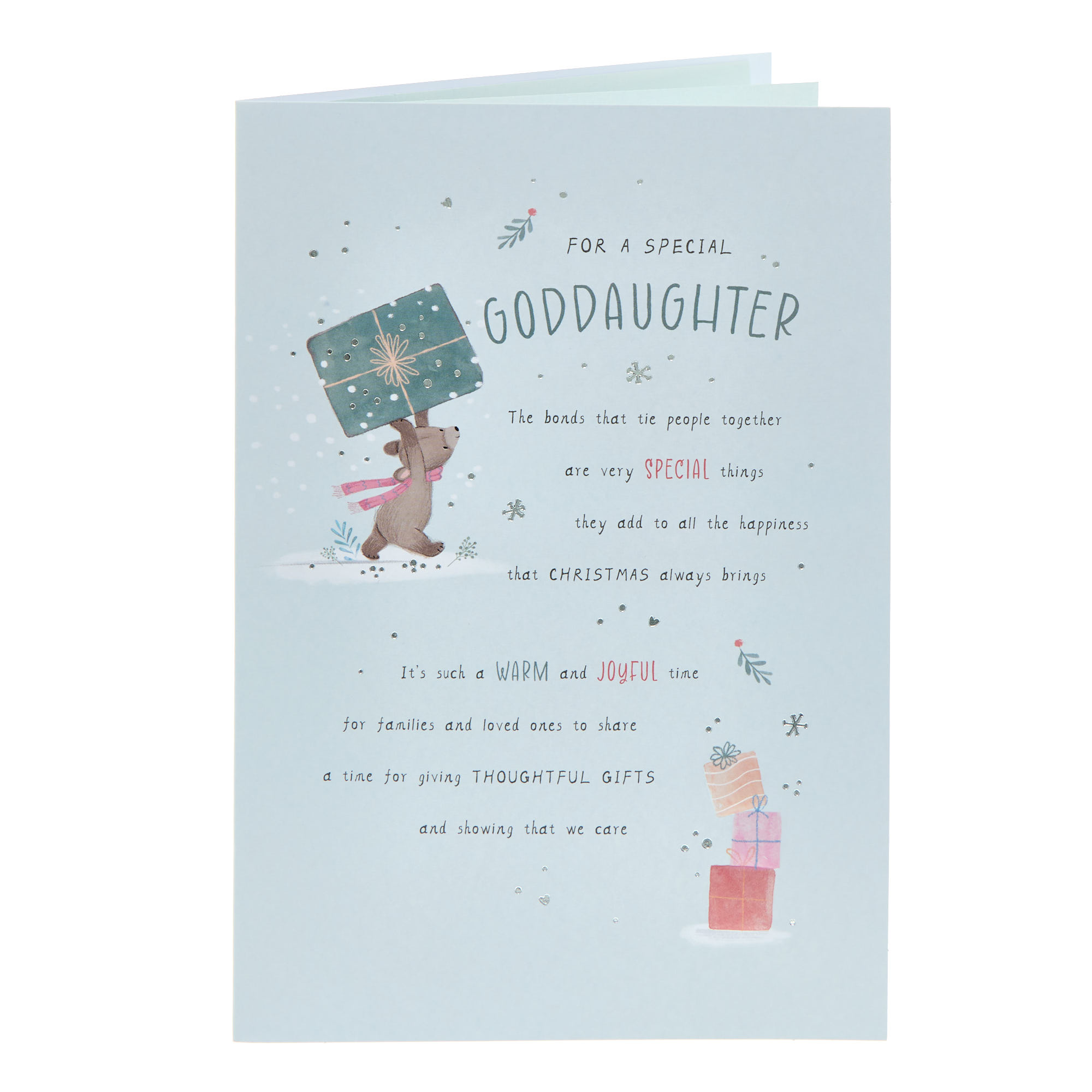 Goddaughter Bear Holding Gift Christmas Card