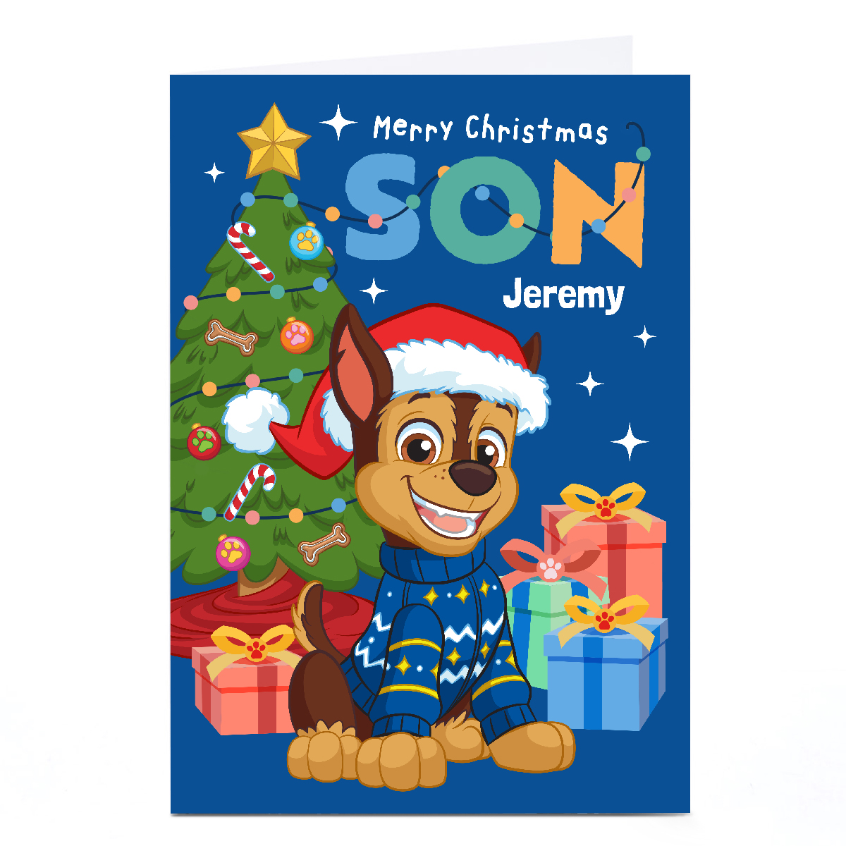 Personalised Paw Patrol Christmas Card - Chase Tree and Presents, Son