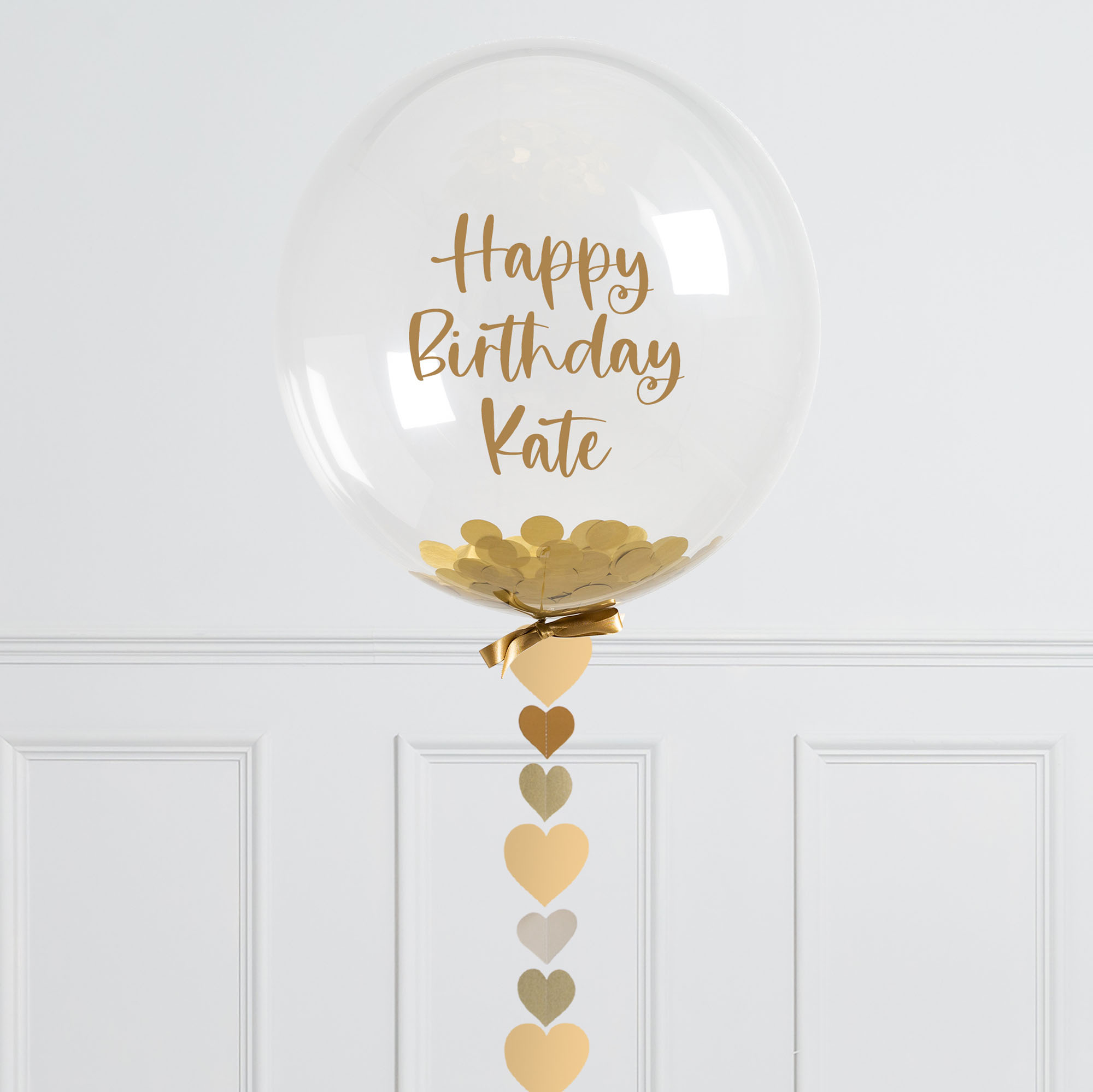 Personalised 20-Inch Gold Heart Confetti Bubblegum Balloon - DELIVERED INFLATED!