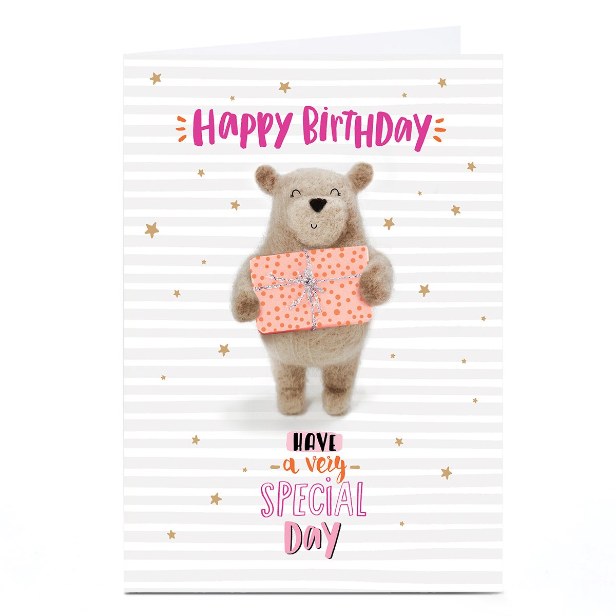 Personalised Birthday Card - Fuzzy Smiling Bear with Present