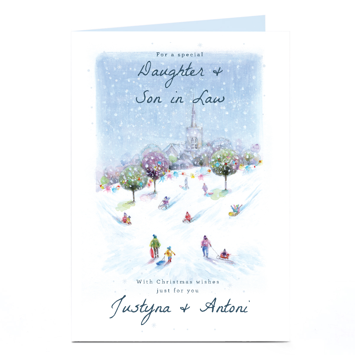 Personalised Christmas Card - Sledging Scene, Special Daughter and Son in Law