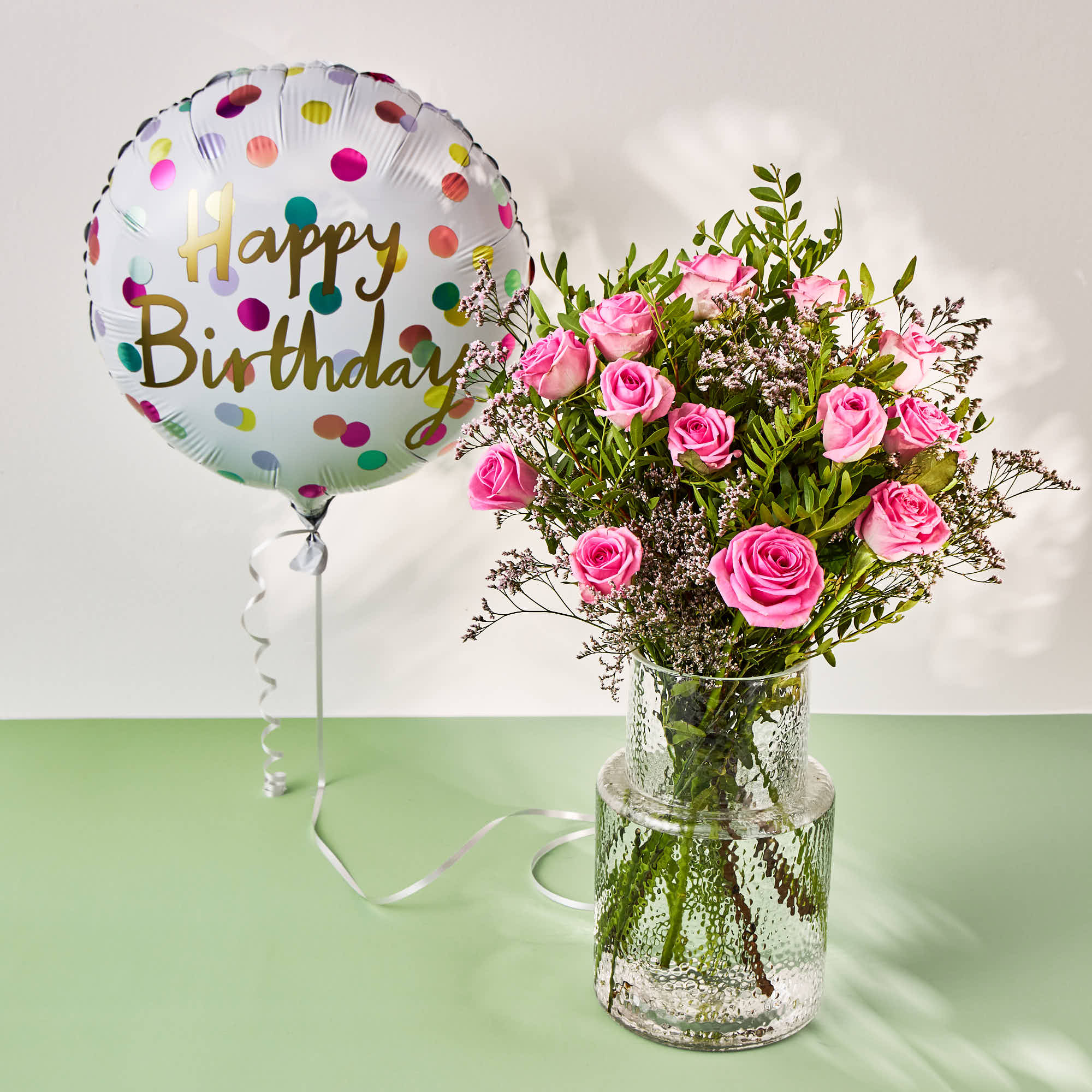 Happy Birthday Balloon & Dozen Pink Roses Flower Bouquet