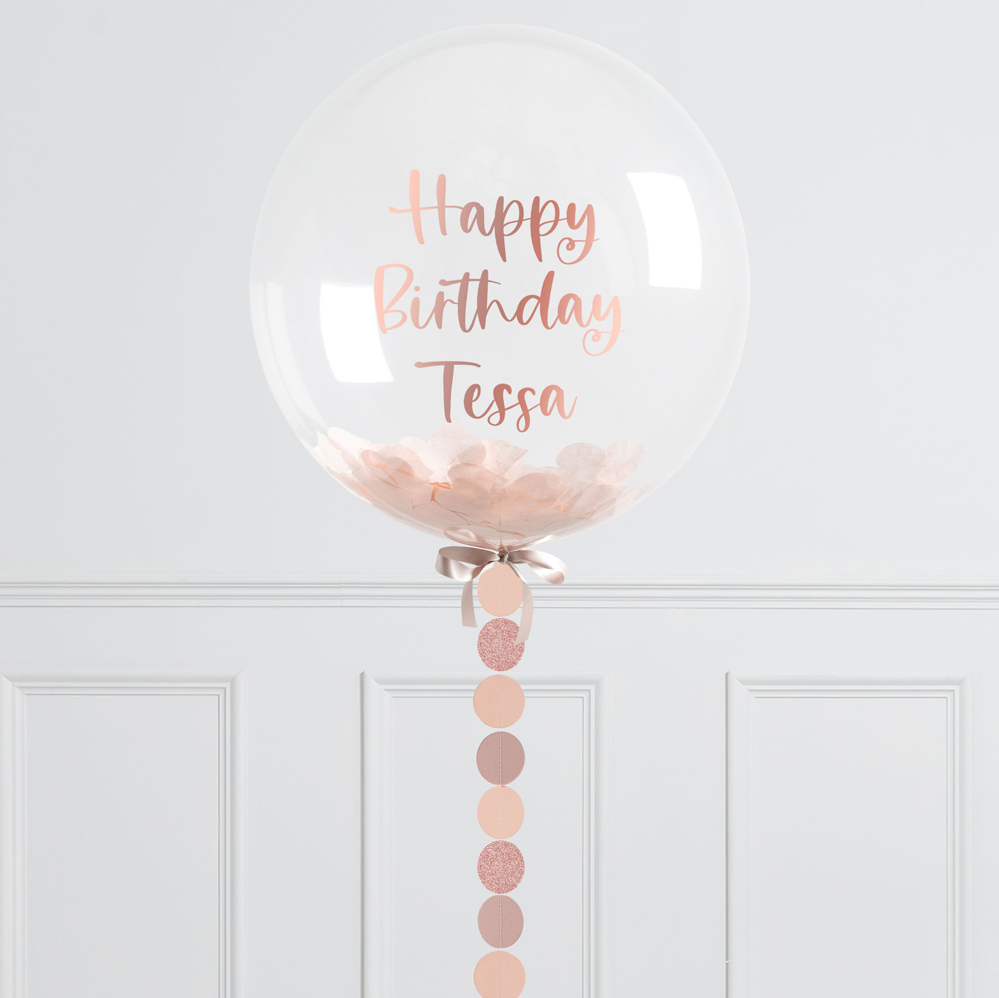 Personalised 20-Inch Rose Gold Circle Confetti Bubblegum Balloon - DELIVERED INFLATED!