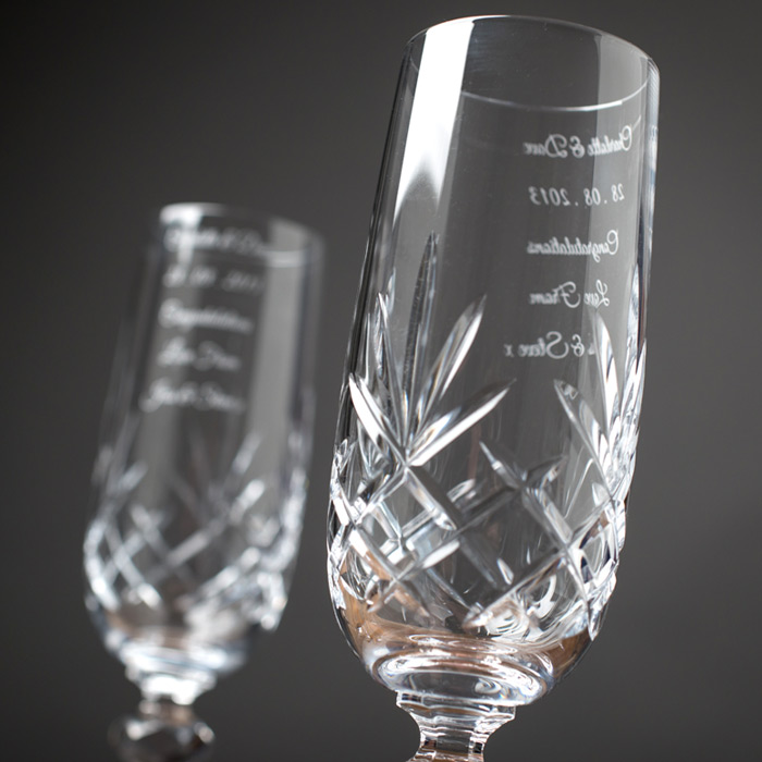 Engraved Cut Crystal Champagne Flutes With Laurent Perrier Champagne