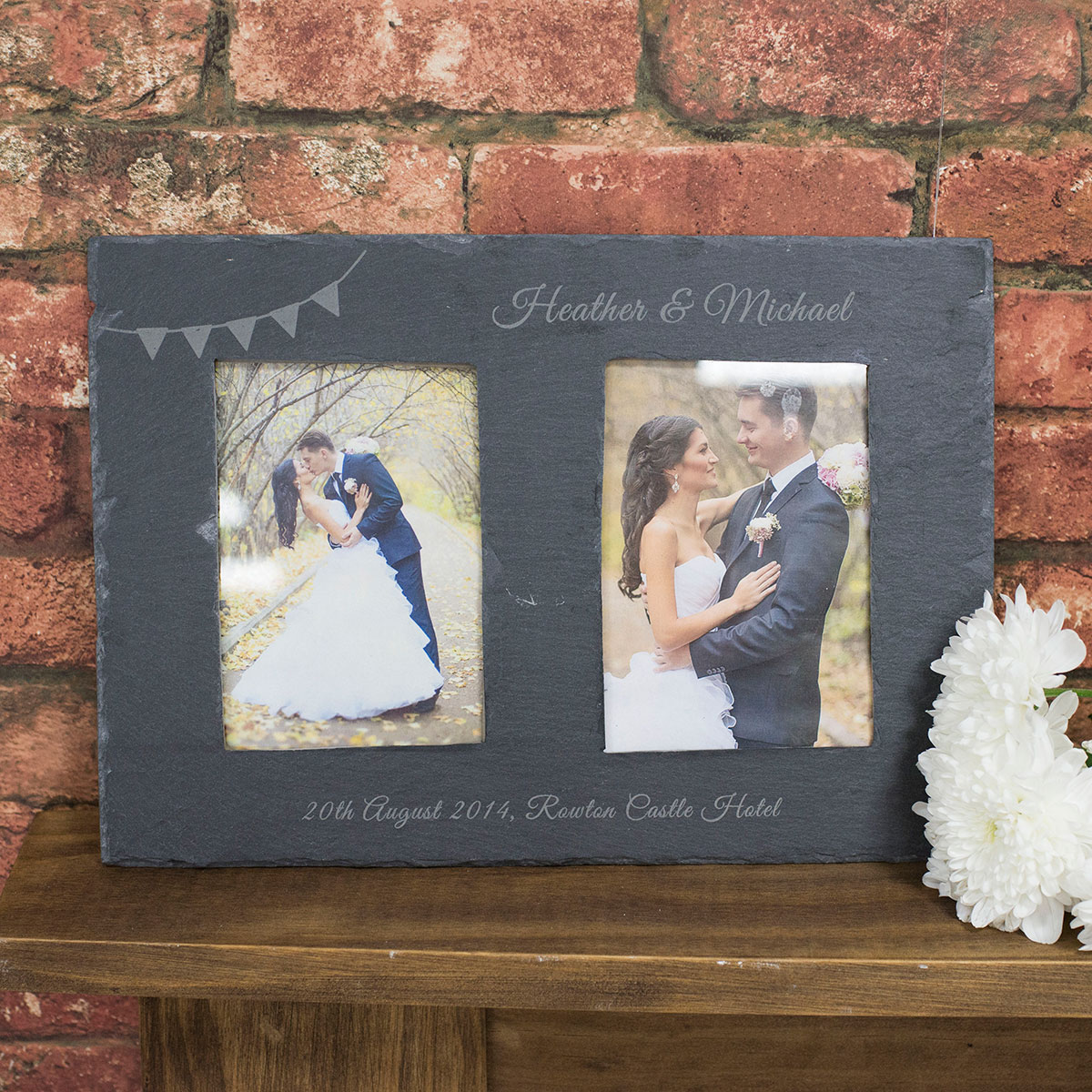 Engraved Double Slate Photo Frame - Wedding Bunting