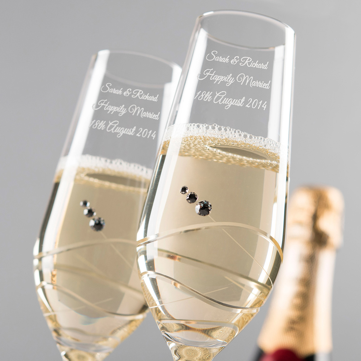 Engraved Set Of Two Champagne Flutes Embellished with Crystals - Swirls