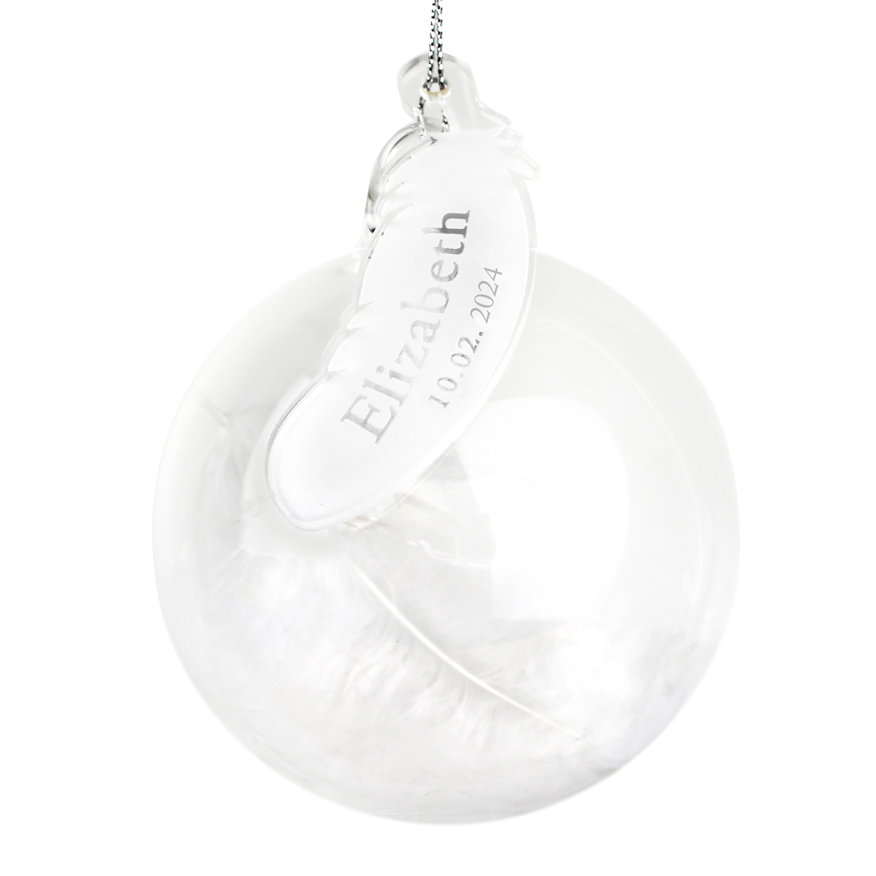 Personalised Name & Date Feather Glass Bauble