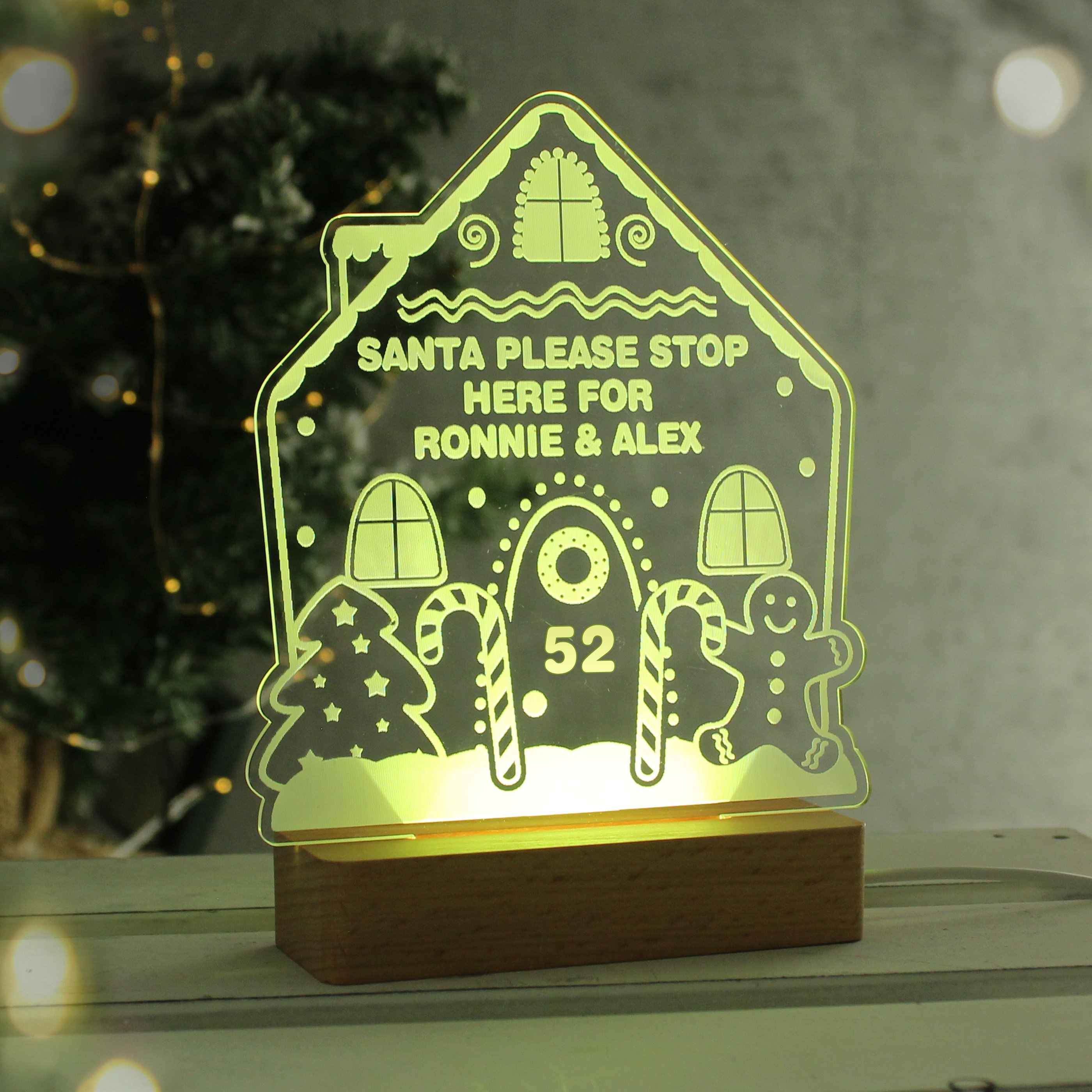 Personalised Gingerbread House Wooden Base LED Christmas Light