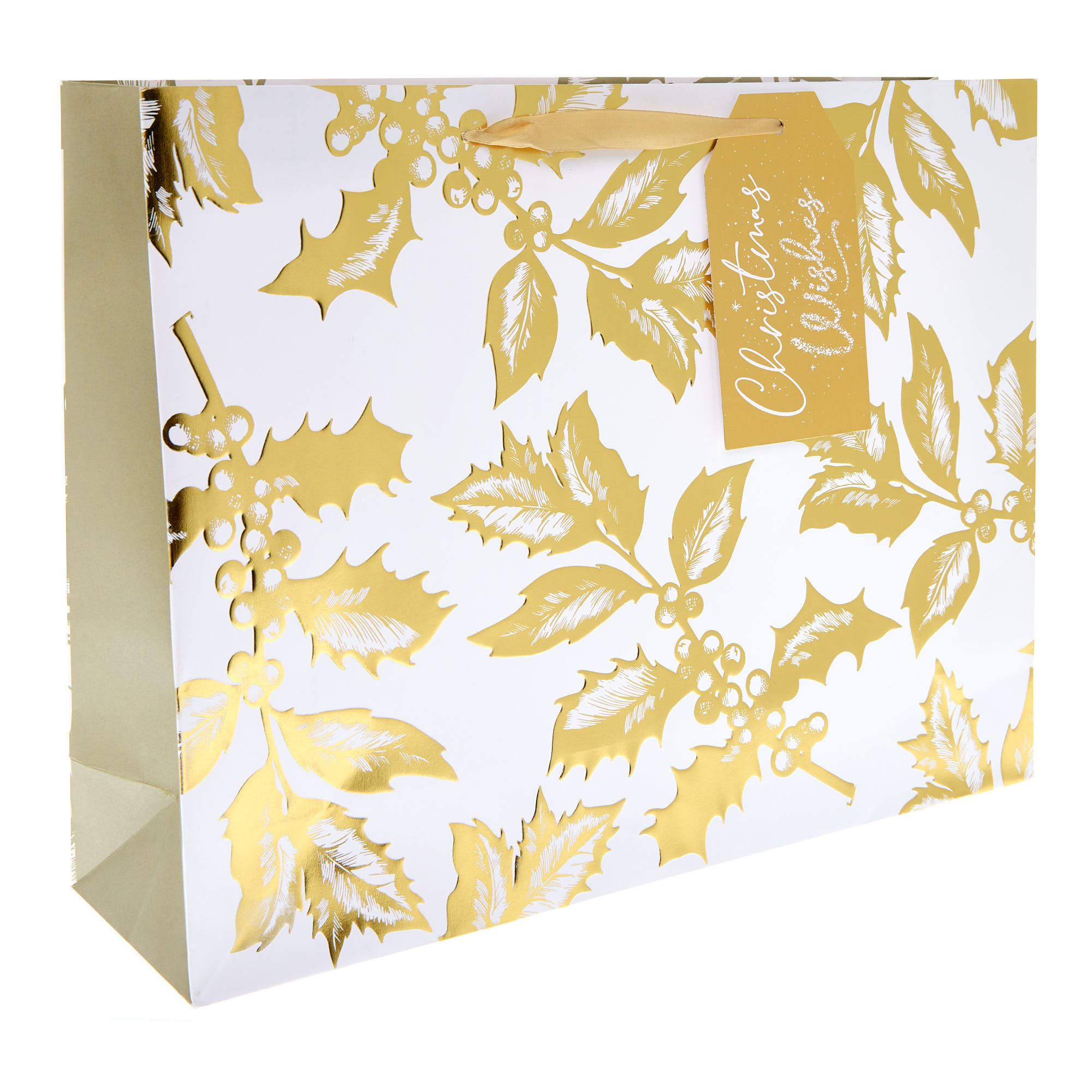 White & Gold Holly Extra Large Landscape Christmas Gift Bag