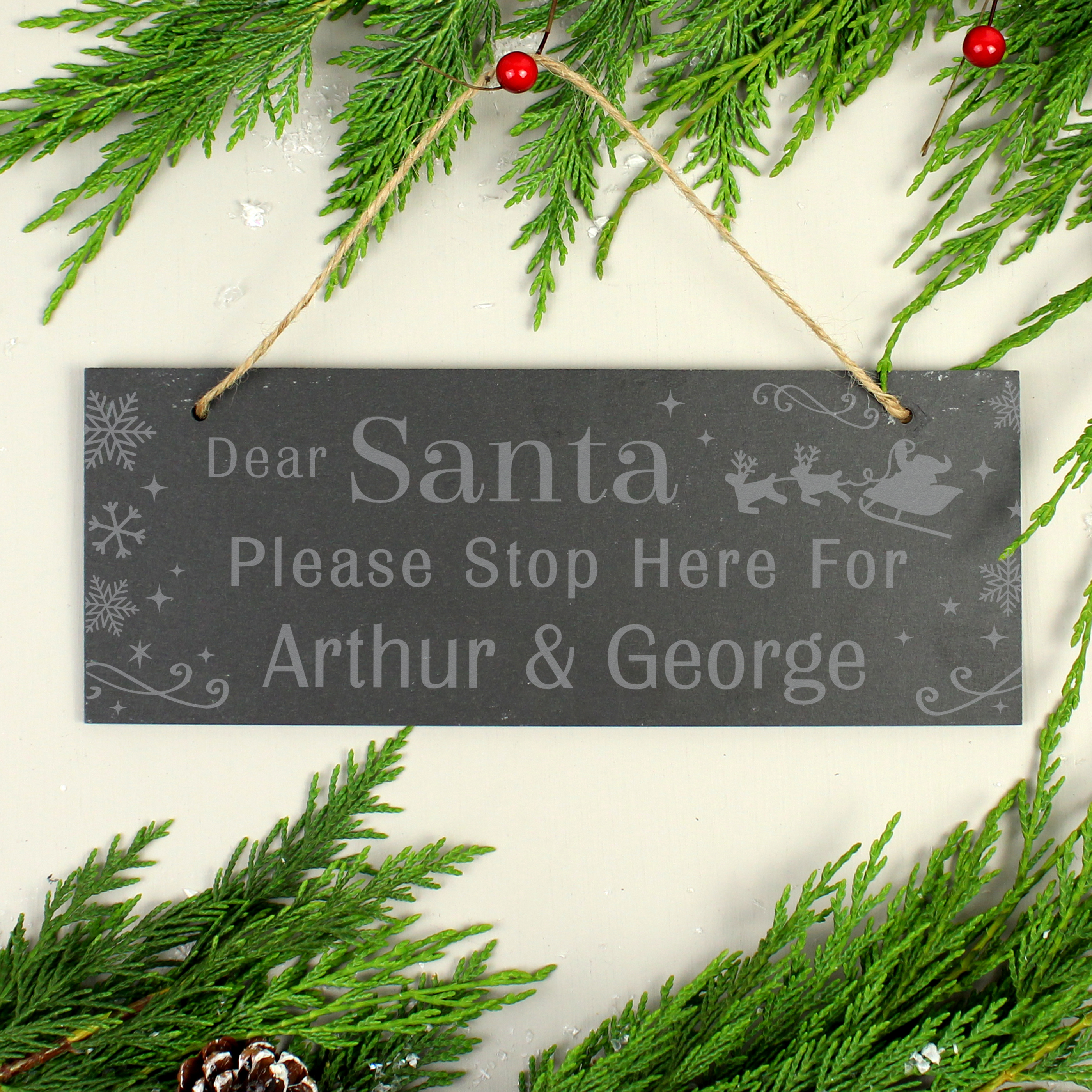 Personalised Santa Please Stop Here Hanging Slate Sign