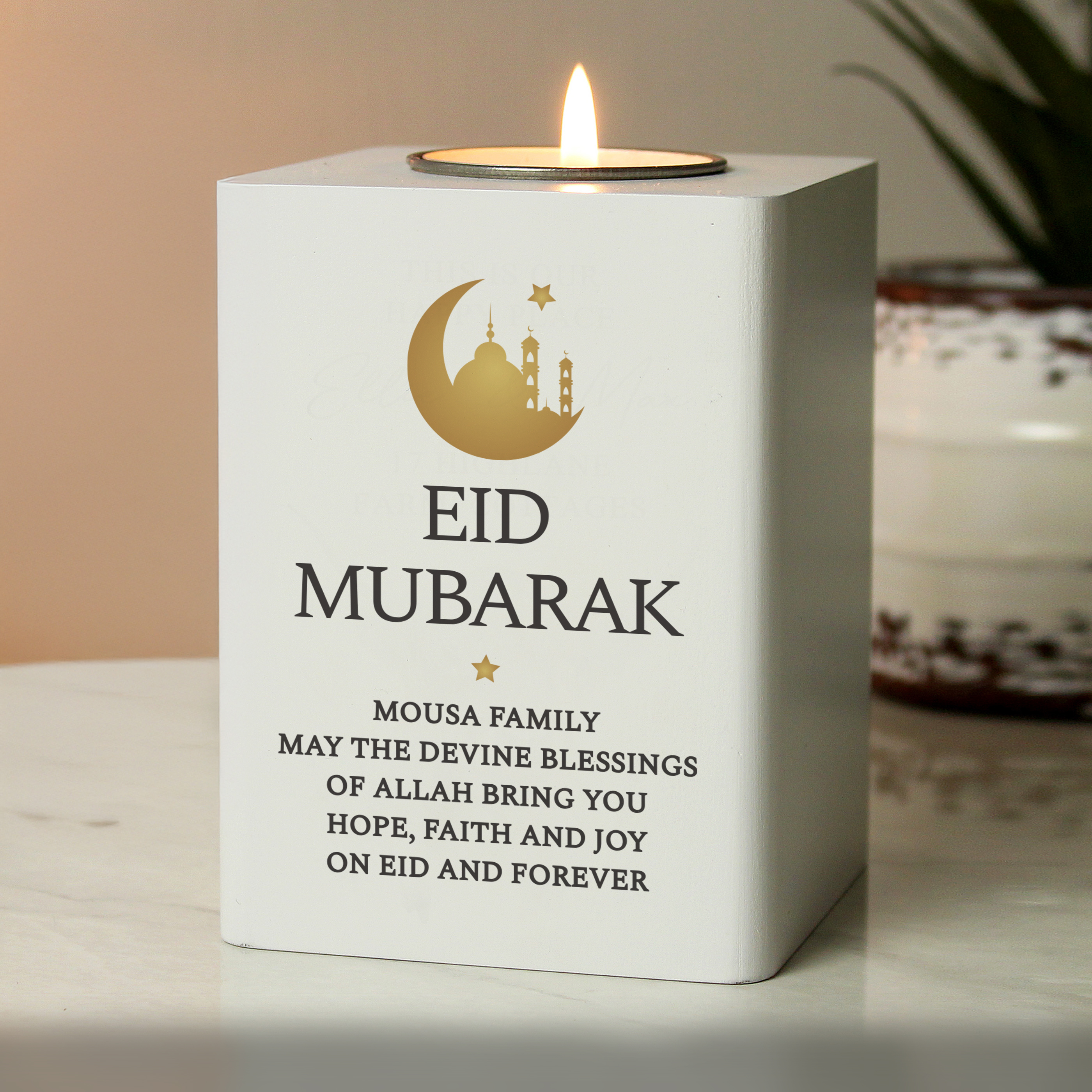 Personalised Eid & Ramadan White Wooden Tea Light Holder