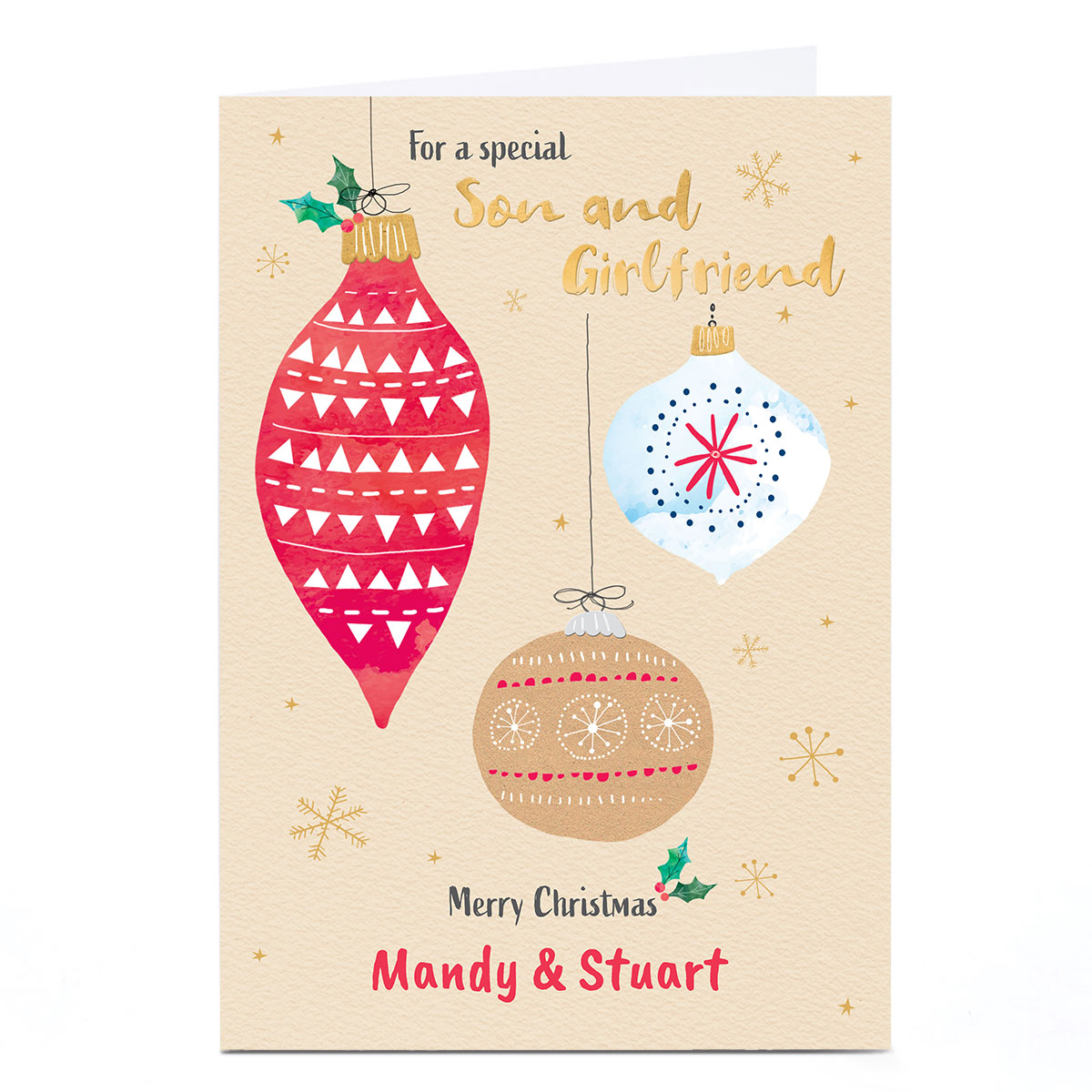 Personalised Cory Reid Christmas Card - Hanging Baubles, Son and Girlfriend