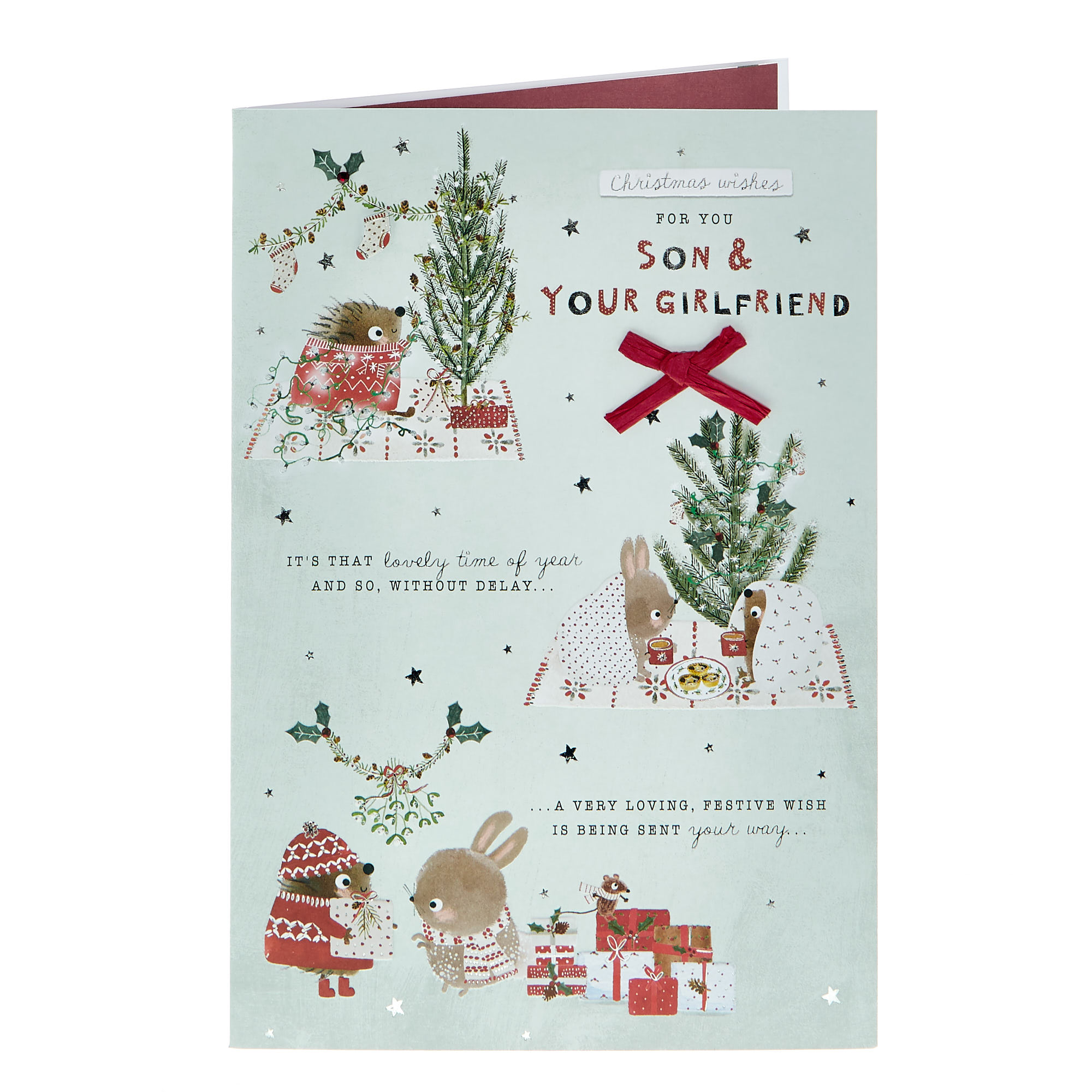 Christmas Card - Son & Girlfriend Bunny & Hedgehog 