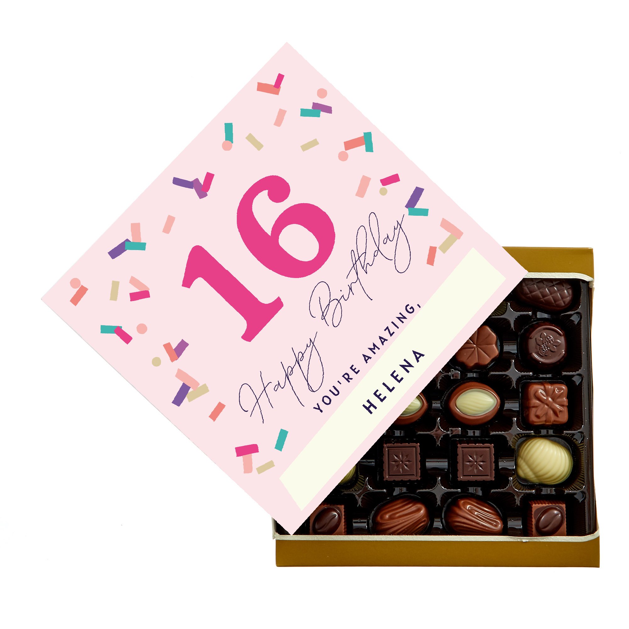 Personalised Belgian Chocolates - Pink Confetti, Editable Age