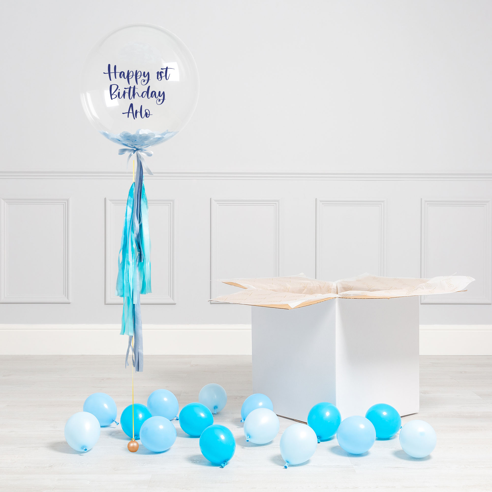 Personalised Baby Blue Confetti Tassel Bubblegum Balloon & Minis - DELIVERED INFLATED!