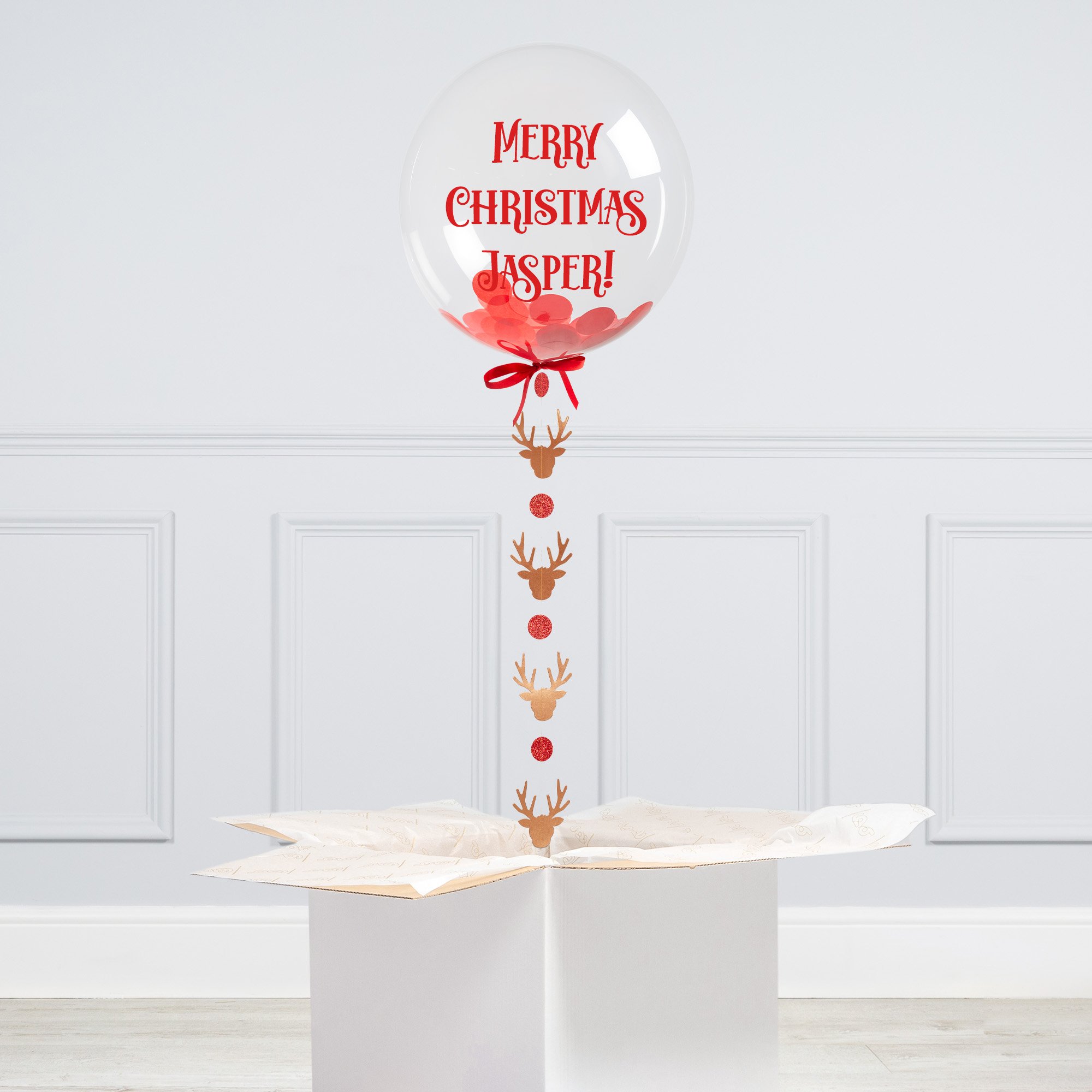 Personalised Christmas Reindeer Confetti Bubble Balloon - DELIVERED INFLATED!