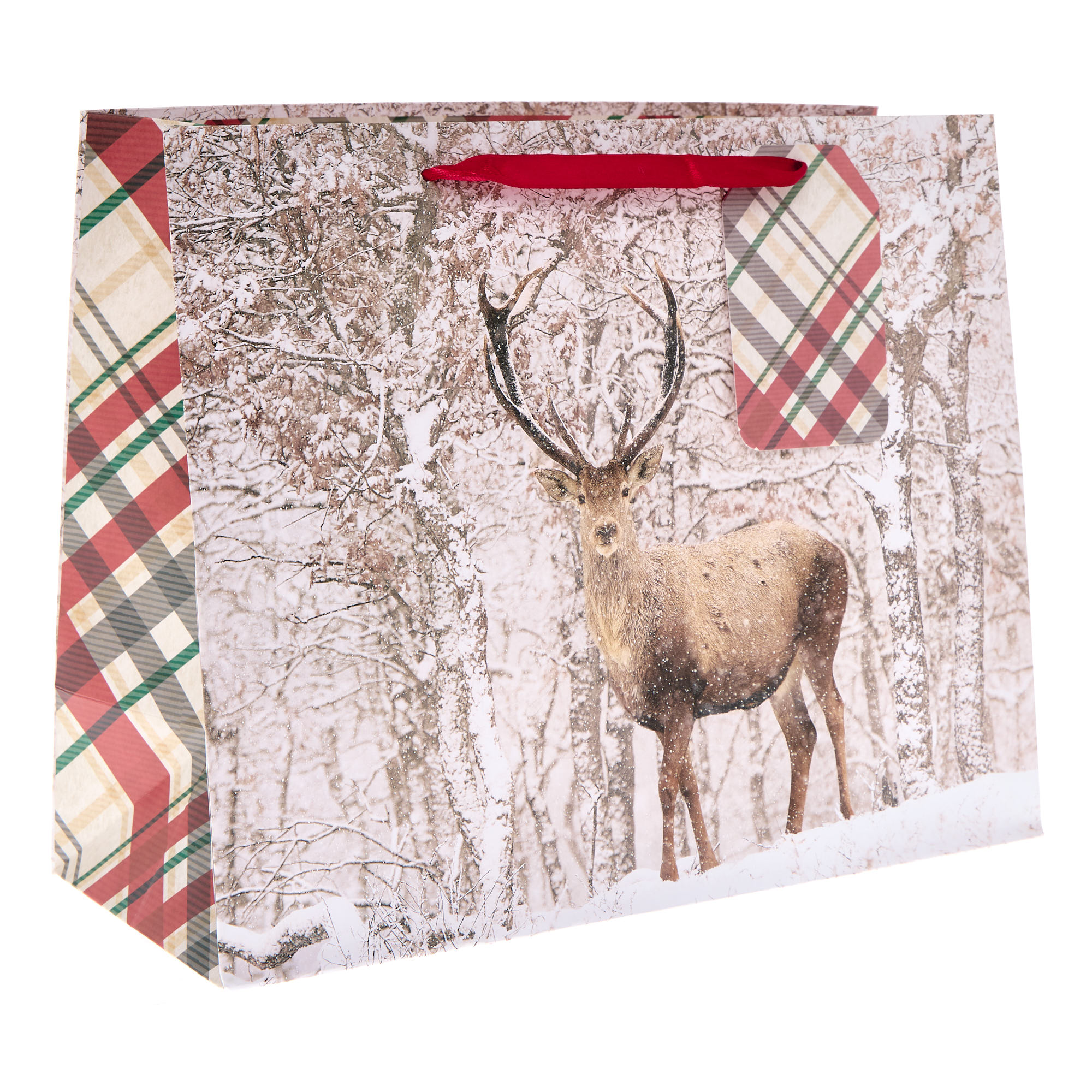 Tartan Deer Large Landscape Christmas Gift Bag 