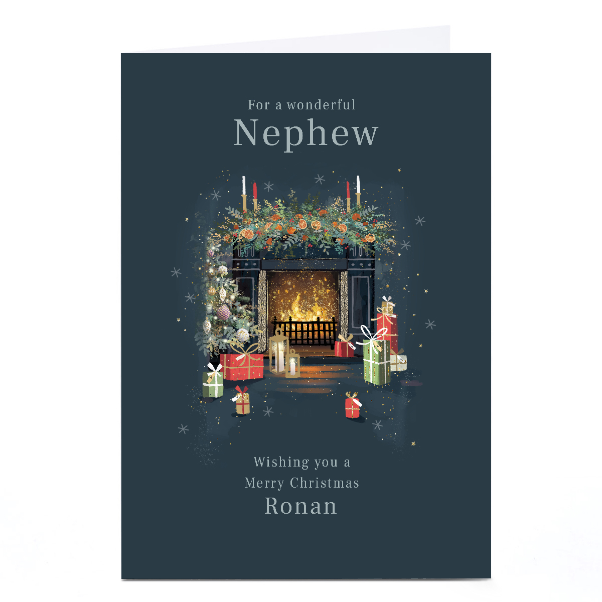 Personalised Christmas Card - Fire Place with Gifts and Christmas Decs.