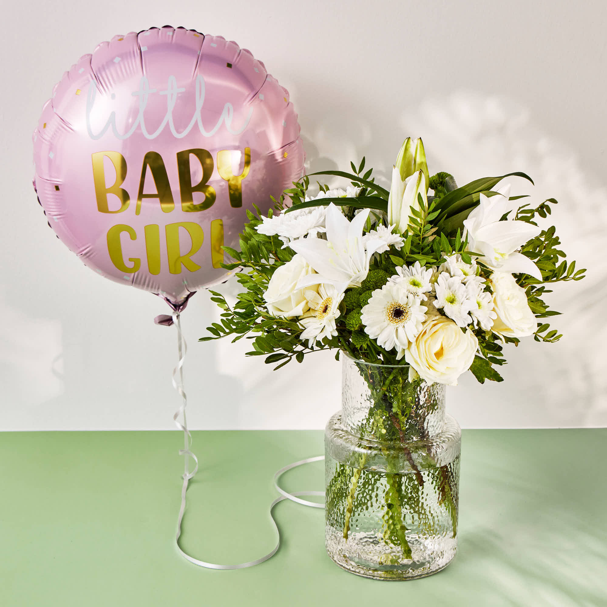 Baby Girl Balloon & White Simplicity Flower Bouquet