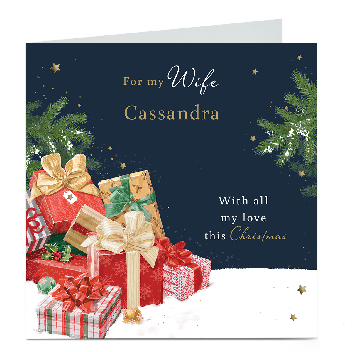 Personalised Christmas Card - Presents in The Snow, Wife