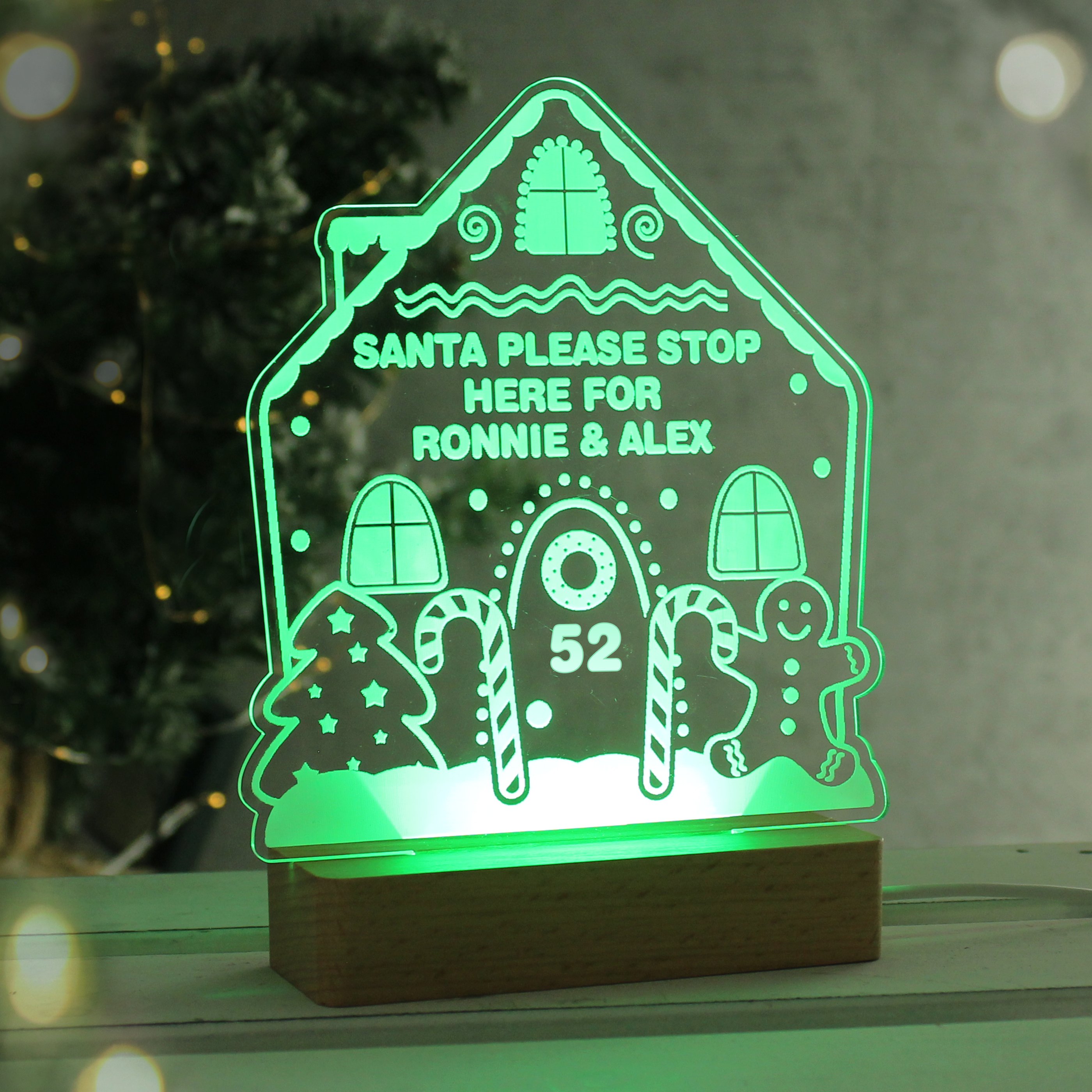 Personalised Gingerbread House Wooden Base LED Christmas Light