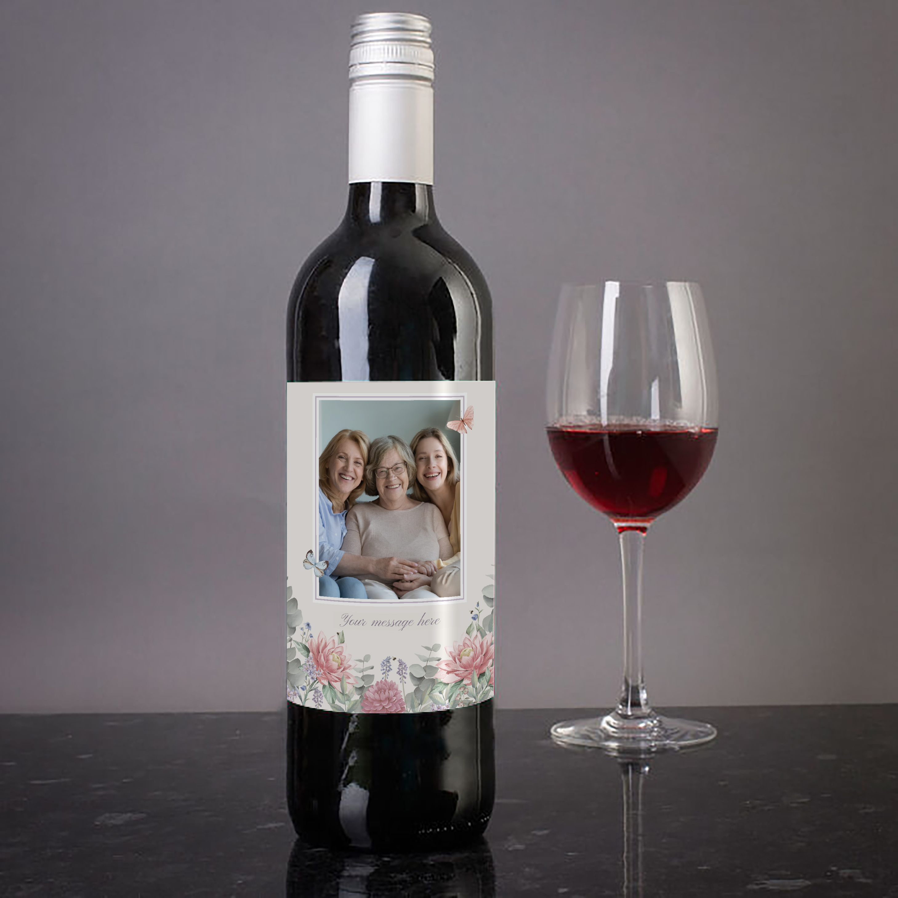 Personalised Photo Upload Wine - Traditional Script and Flowers