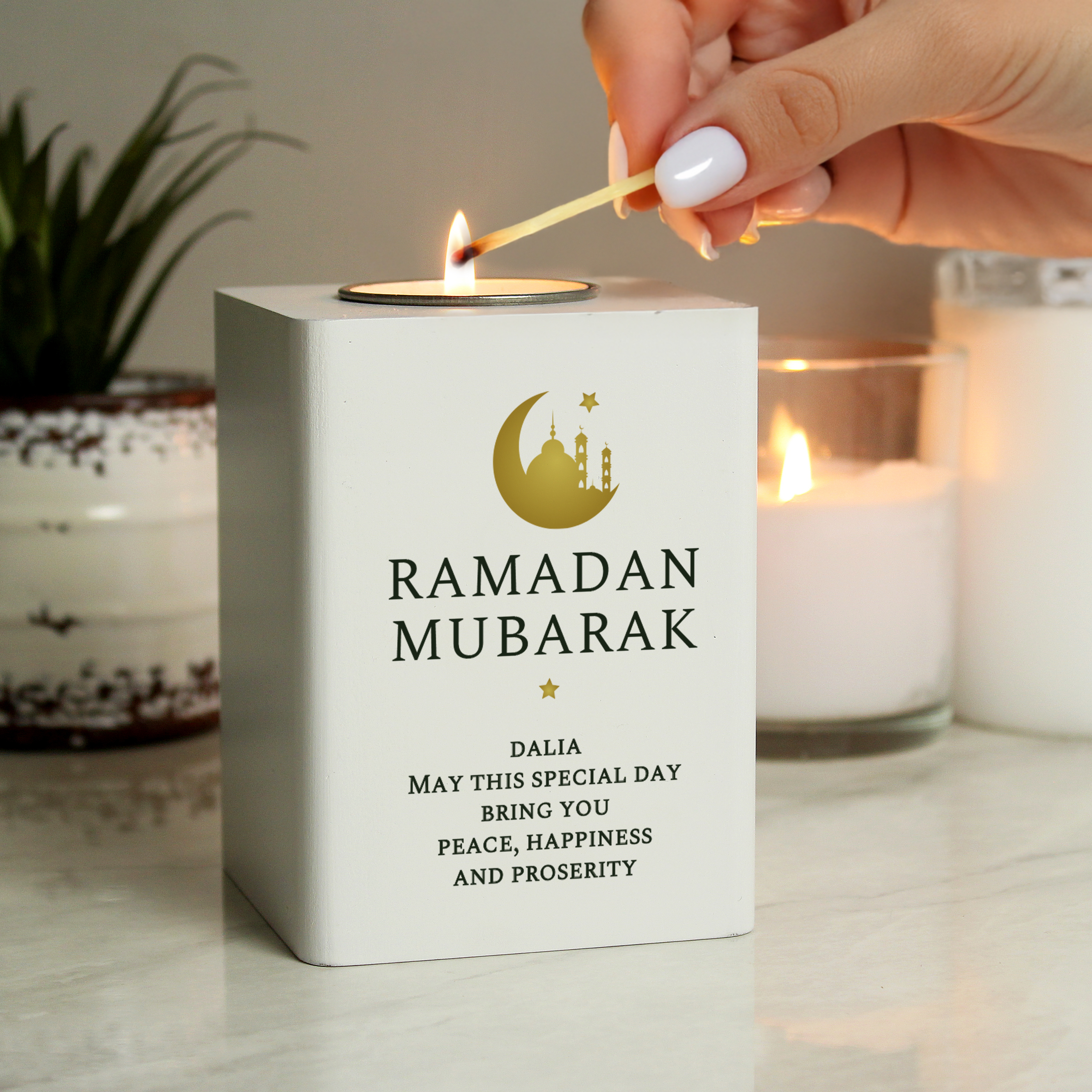 Personalised Eid & Ramadan White Wooden Tea Light Holder