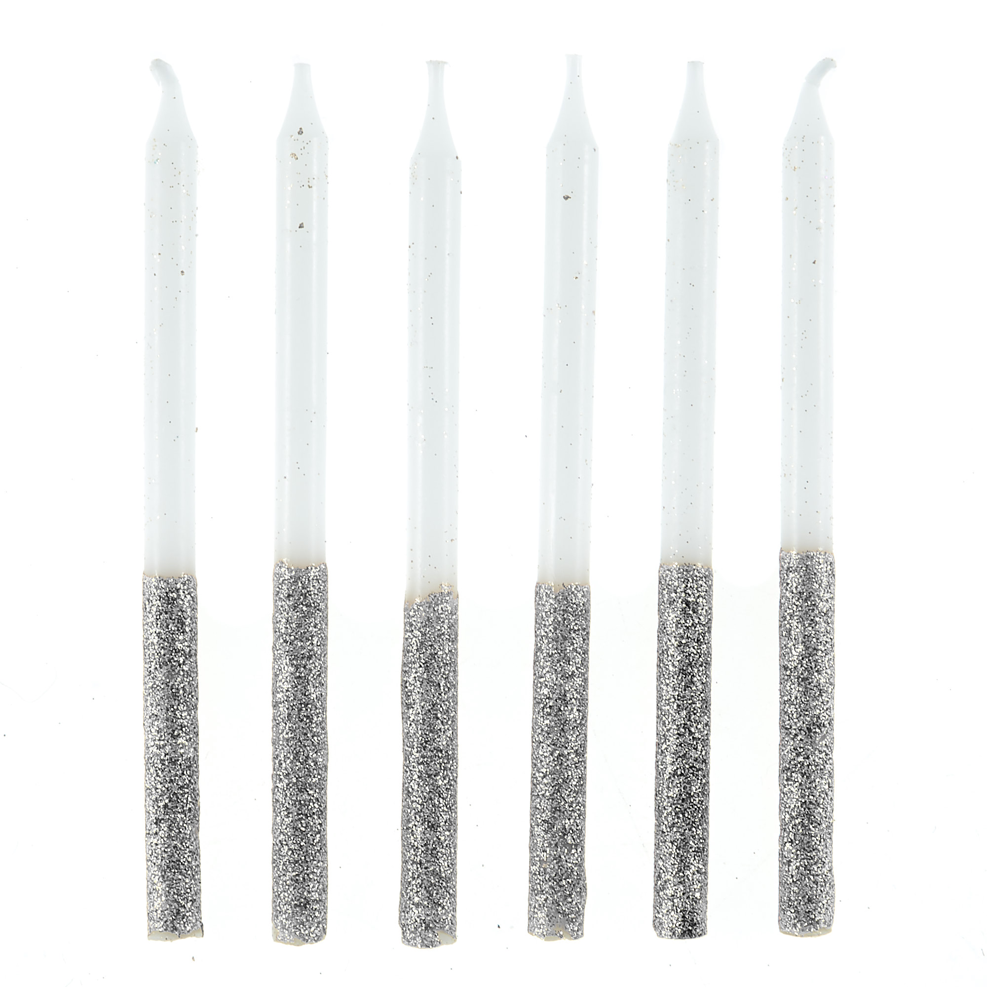 Silver Glitter Cake Candles & Holders - Pack of 24