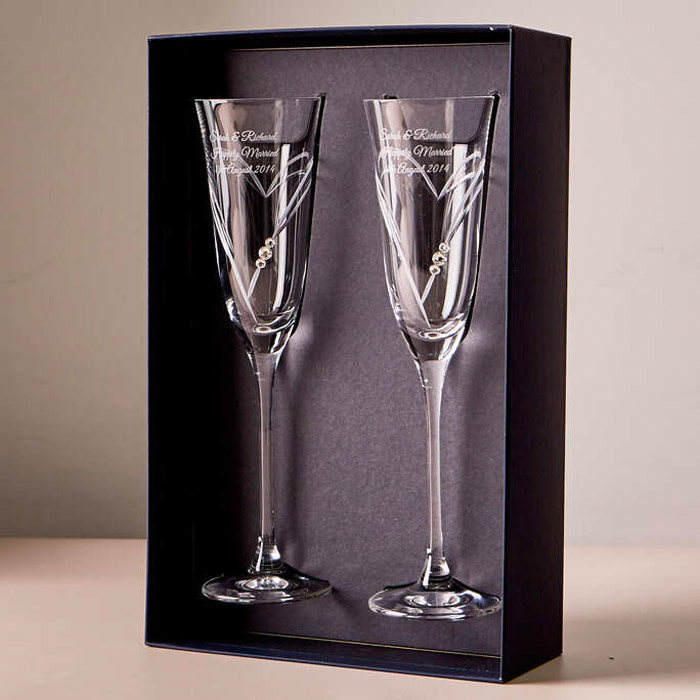 Engraved Set Of Two Beloved Heart Champagne Flutes Embellished with Crystals