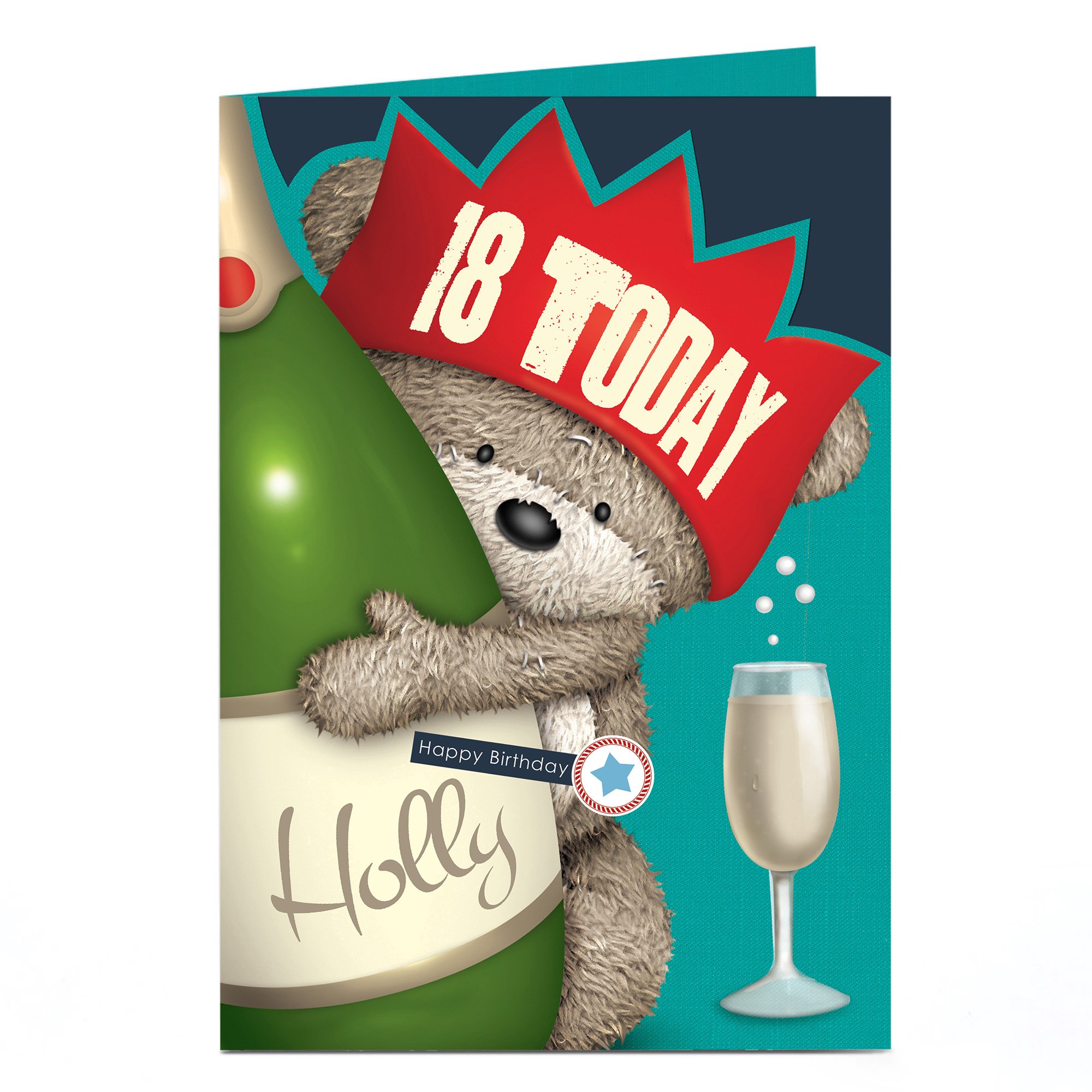 Personalised Birthday Card - Hugs Bear & Champagne, Editable Age