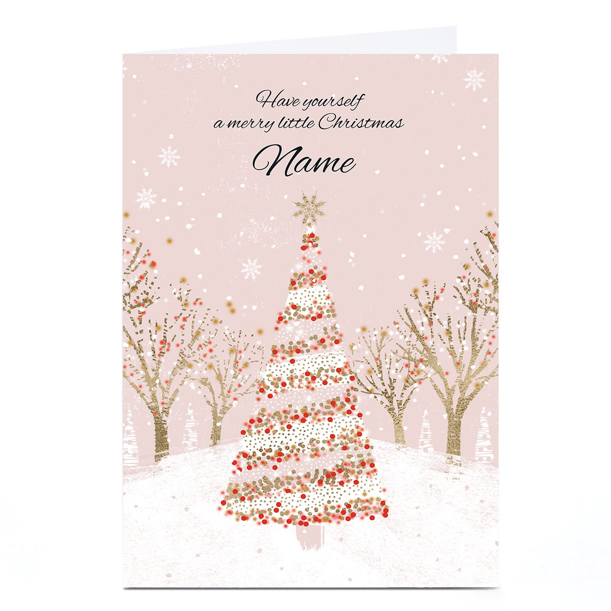 Personalised Rebecca Prinn Christmas Card - Pastel Pink Snowy Tree, Any Name