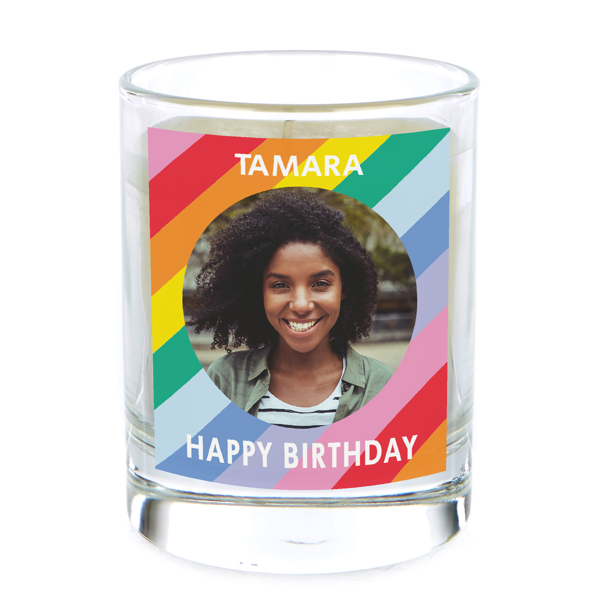 Photo Pomegranate & Cashmere Scented Happy Birthday Candle - Rainbow Stripes