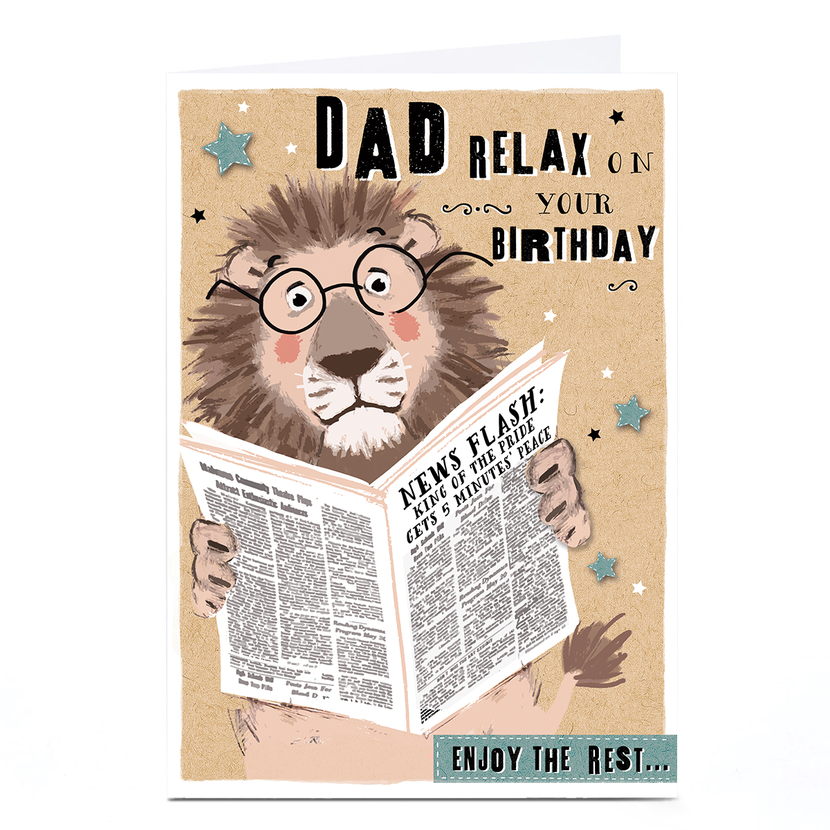 Personalised Birthday Card - King of the Pride Lion with Newspaper, Dad