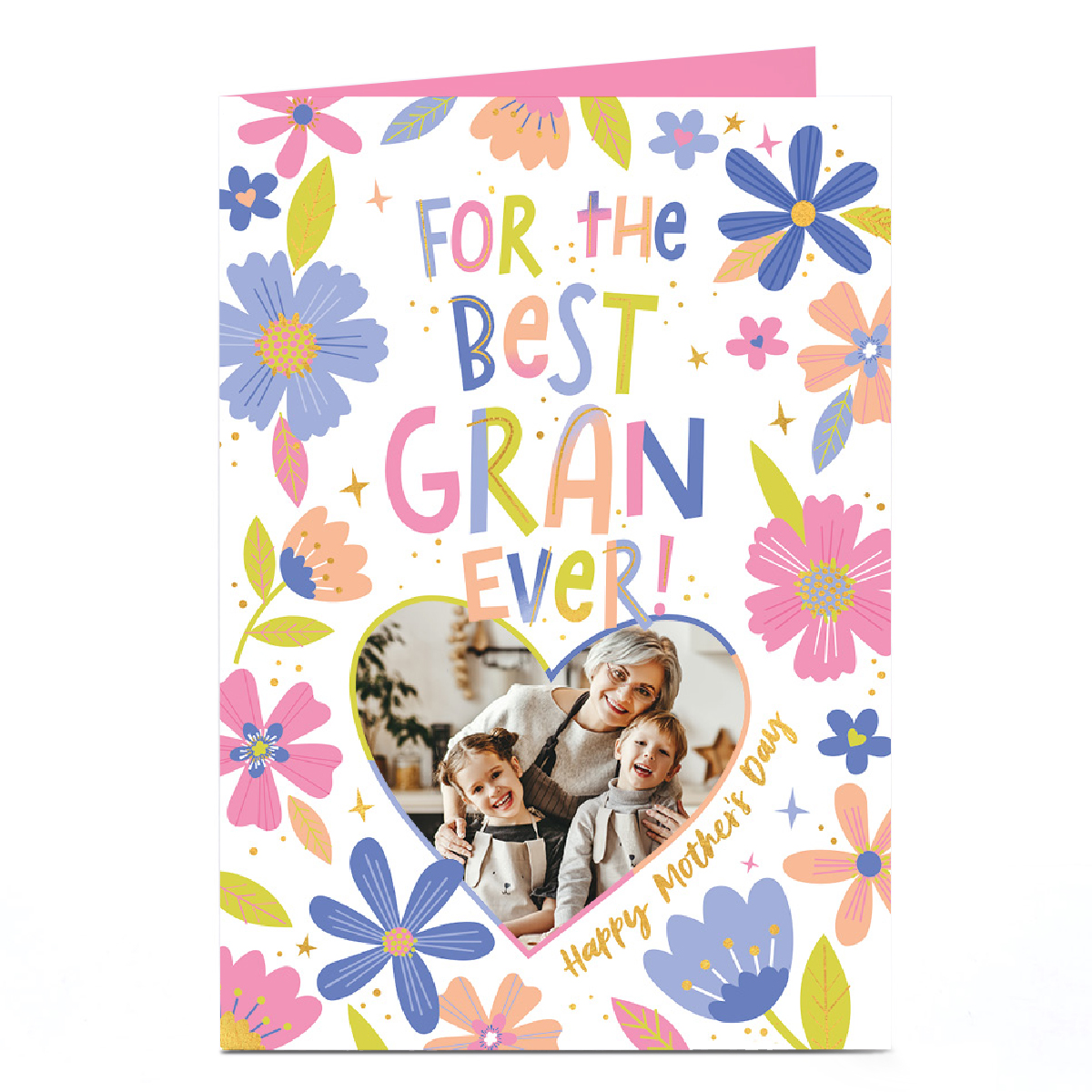 Photo Mother's Day Card - Best Gran Ever, Pink Blue Flowers