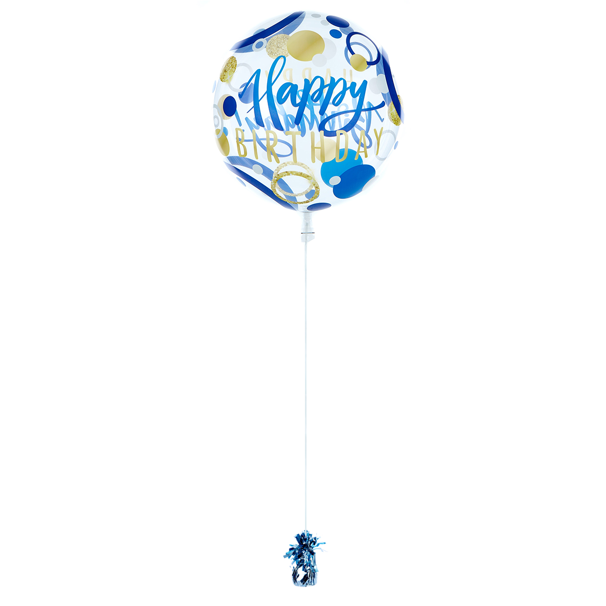 22-Inch Bubble Balloon - Happy Birthday, Blue & Gold Spots - DELIVERED INFLATED!