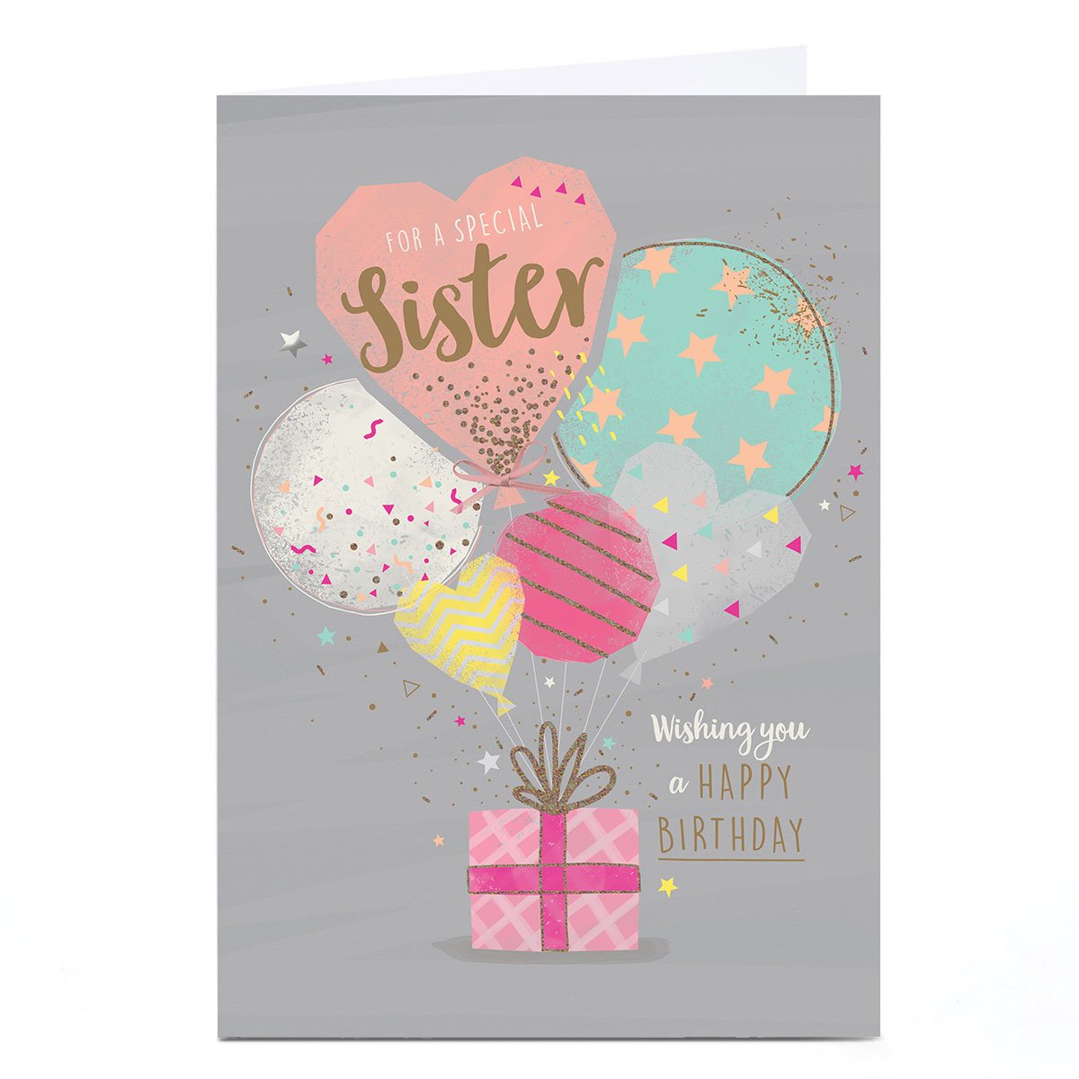 Personalised Birthday Card - Sparkle Confetti Balloons and Present, Sister