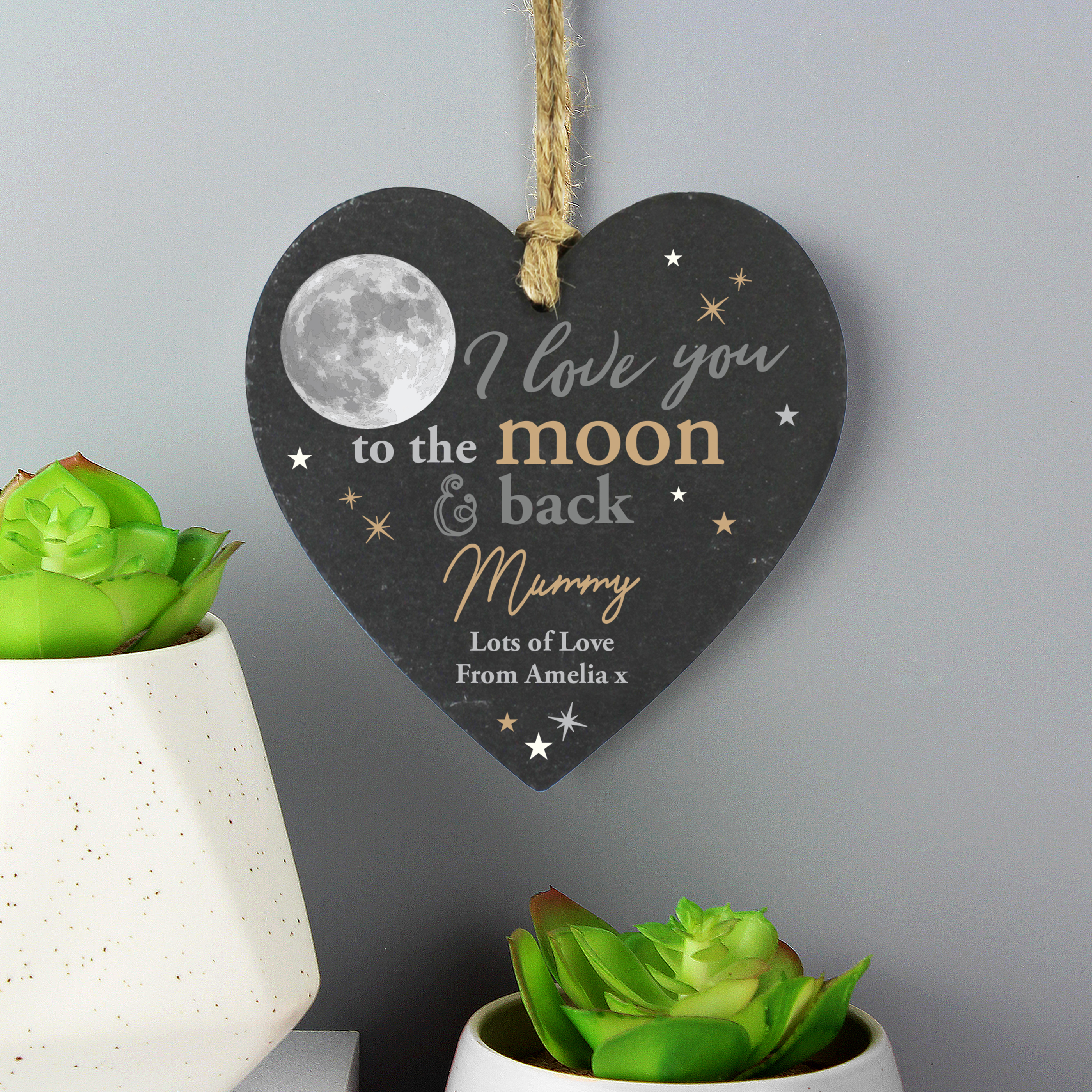 Personalised Moon & Back Slate Heart Decoration