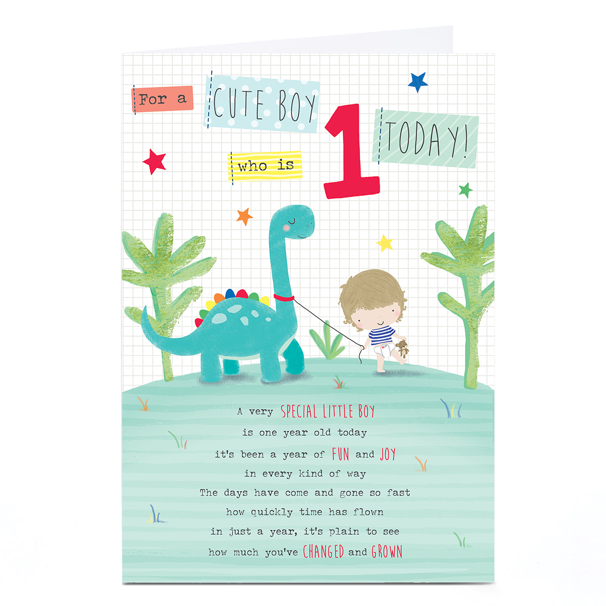 Personalised 1st Birthday Card - Boy With Dinosaur