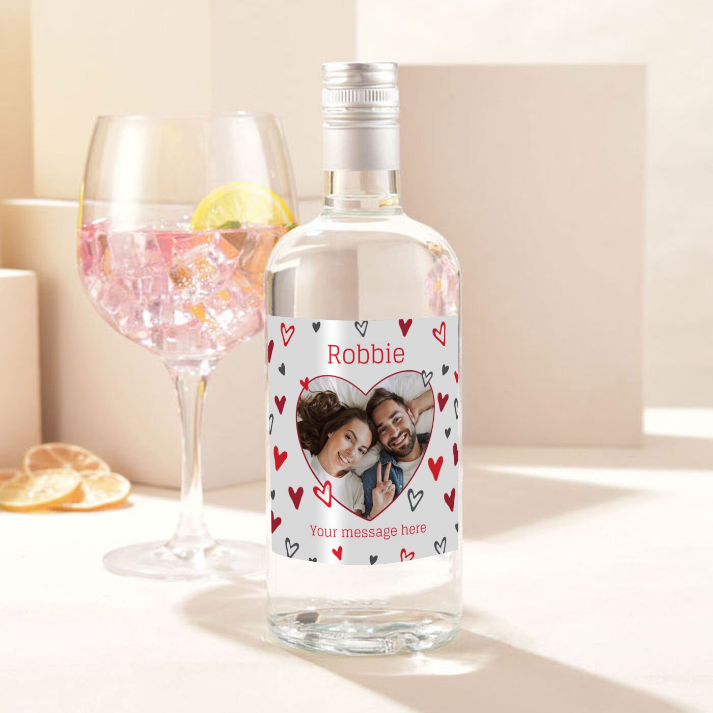 Personalised Gin - Red Hearts Photo Upload