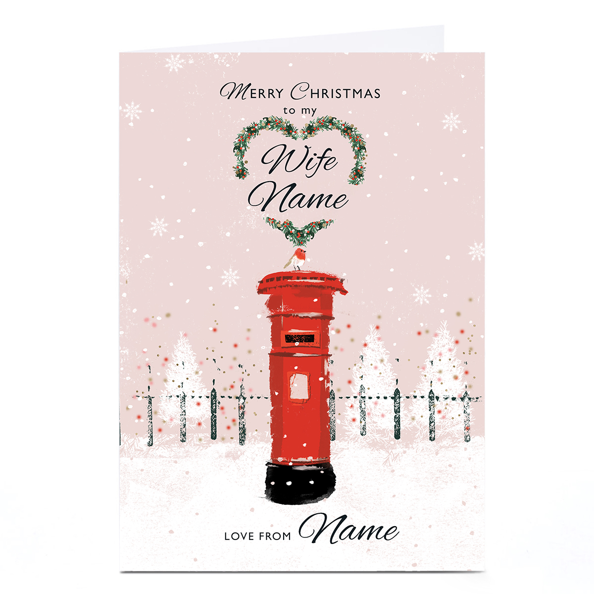 Personalised Rebecca Prinn Christmas Card - Snowy Postbox and Robin, Wife