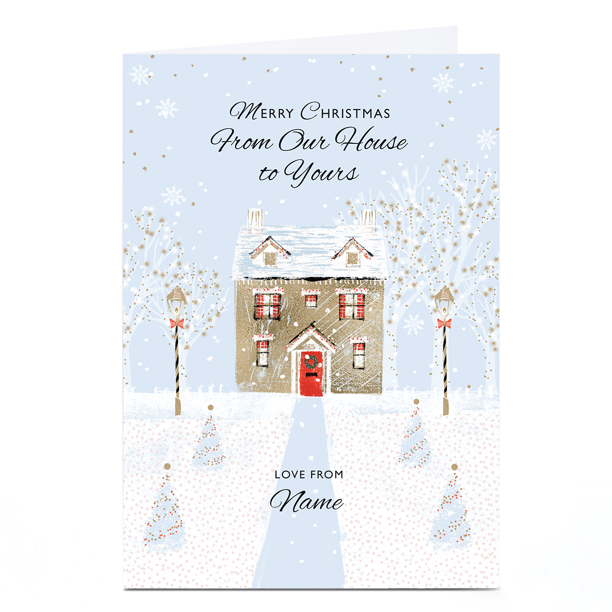 Personalised Rebecca Prinn Christmas Card - Snowy House and Lightposts, From Our House to Yours