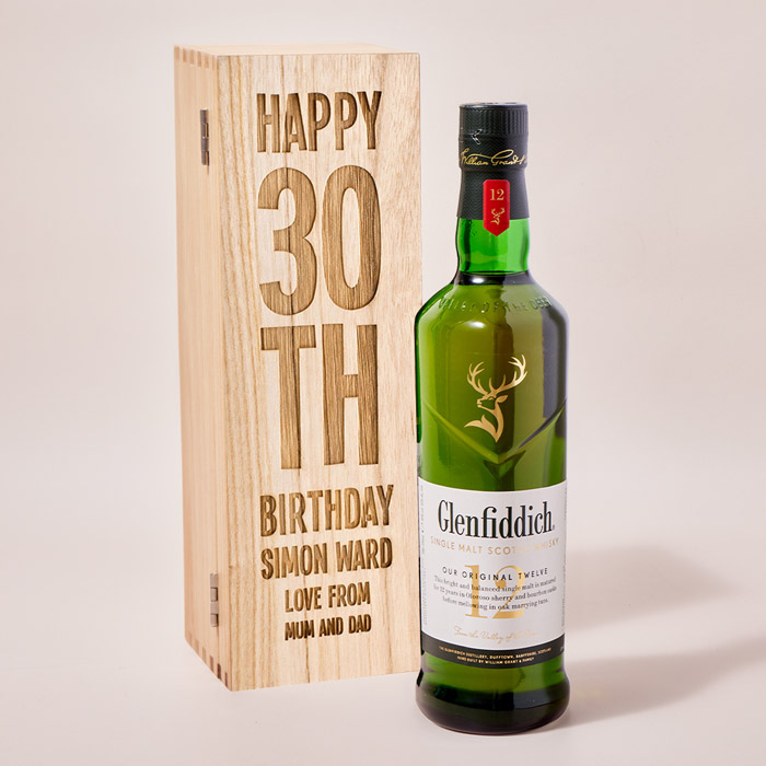 Personalised Glenfiddich Wooden Whisky Gift Box - 30th Birthday