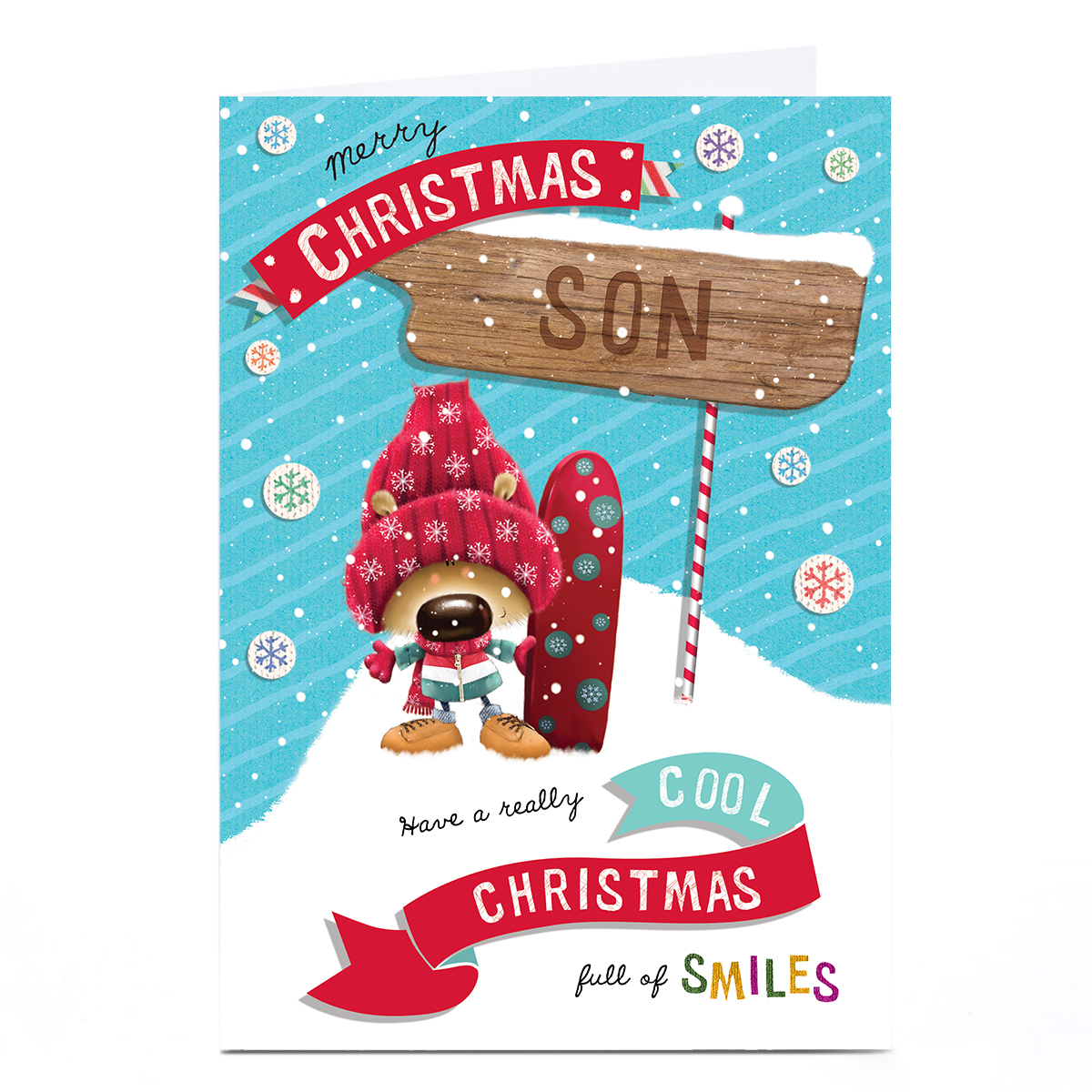 Personalised Christmas Card - Cool Christmas Snowboarding Dog, Son